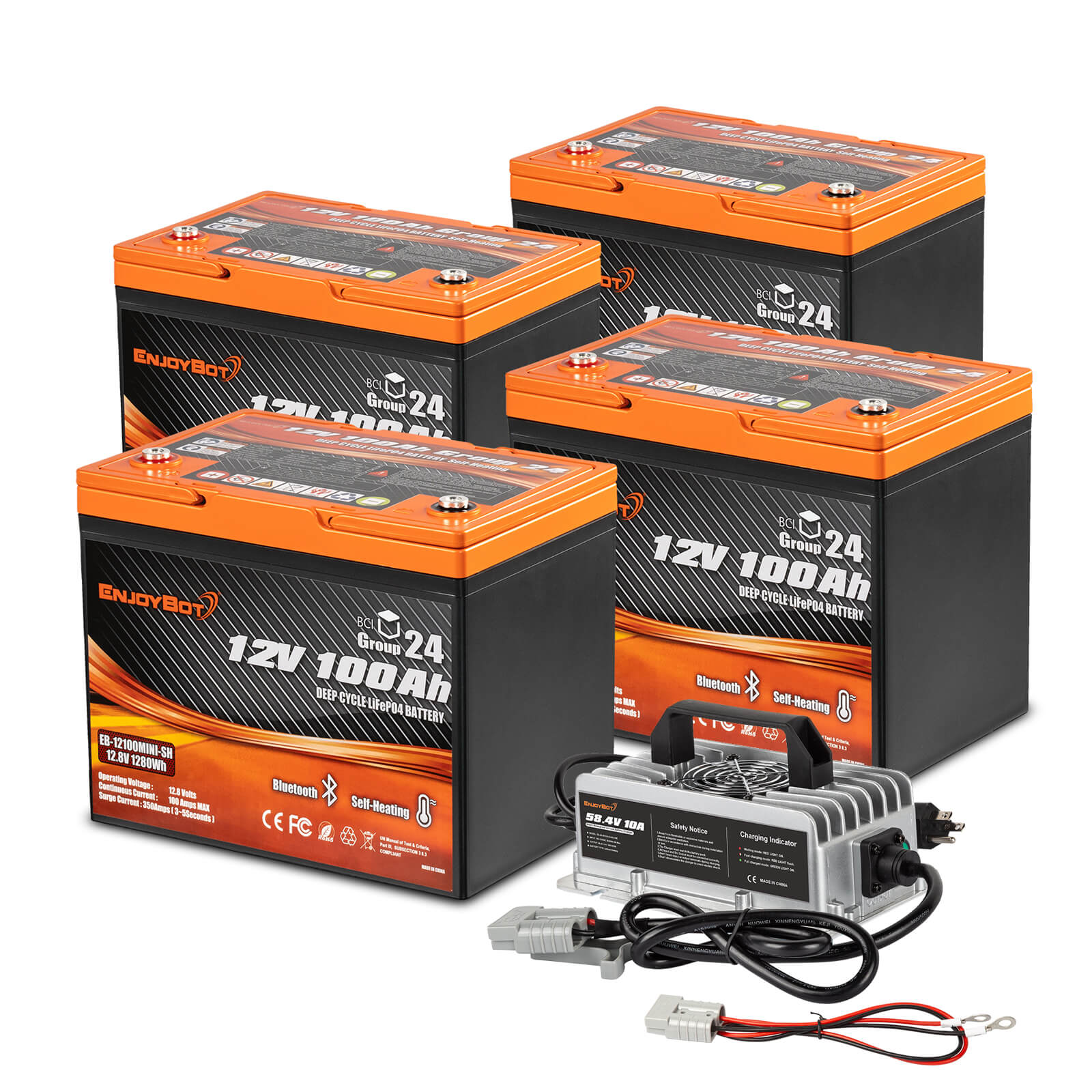 Enjoybot 12V 100Ah Group 24 Bluetooth LiFePO4 Lithium Battery With Self-Heating, 1280Wh, 100A BMS