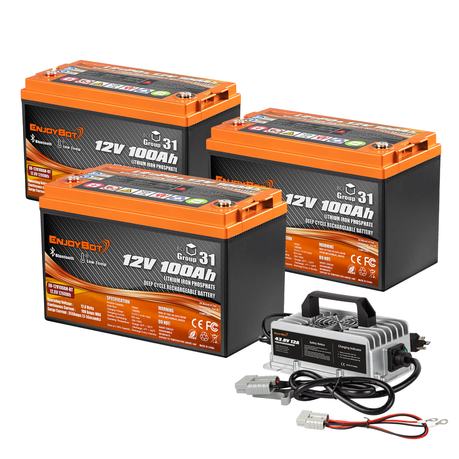 Enjoybot 12V 100Ah Bluetooth Lithium Battery_3 Pack+43.8V 12A Charger