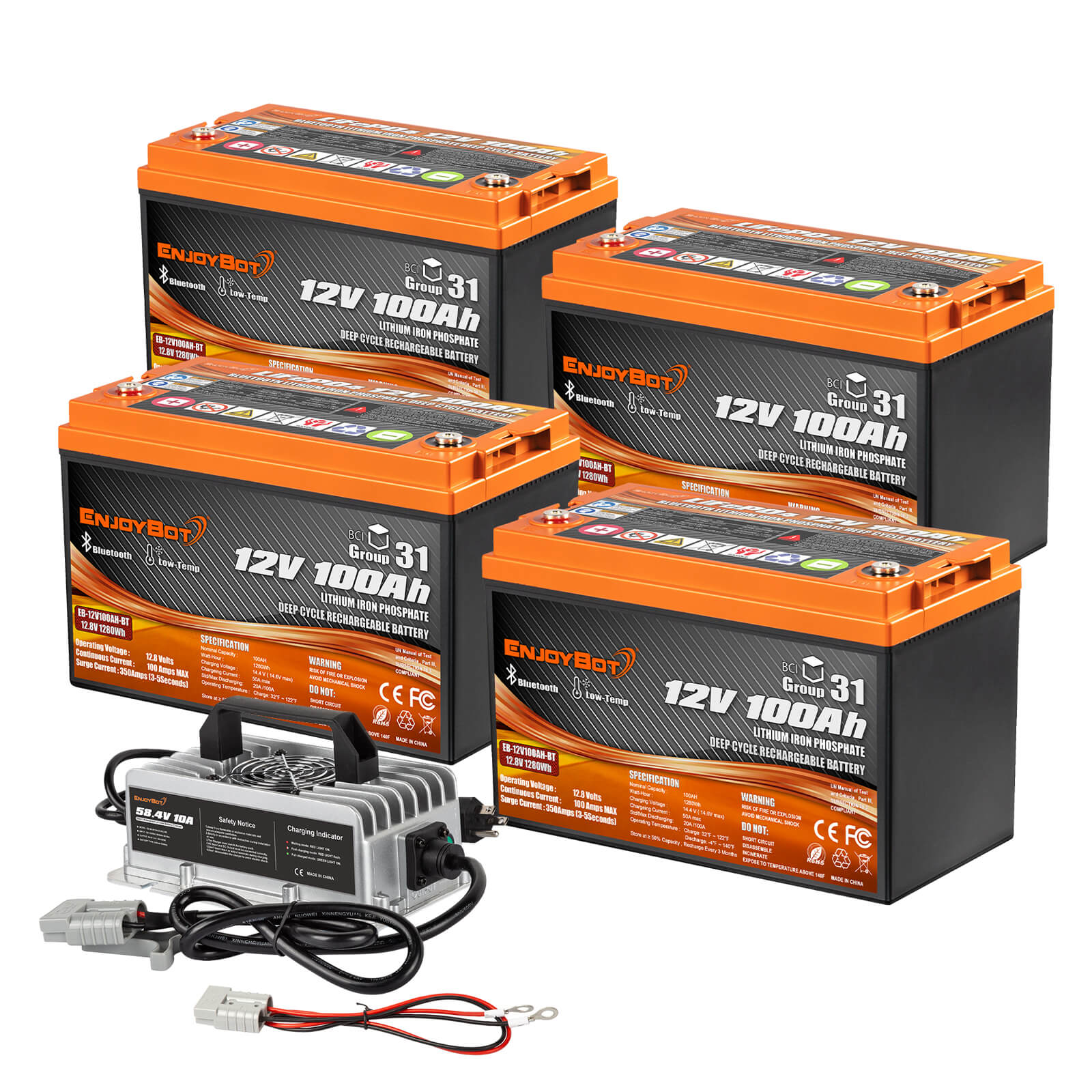 Enjoybot 12V 100Ah BT LiFePO4 Lithium Battery with Bluetooth & Low-Temp Protection, 1280Wh, 100A BMS