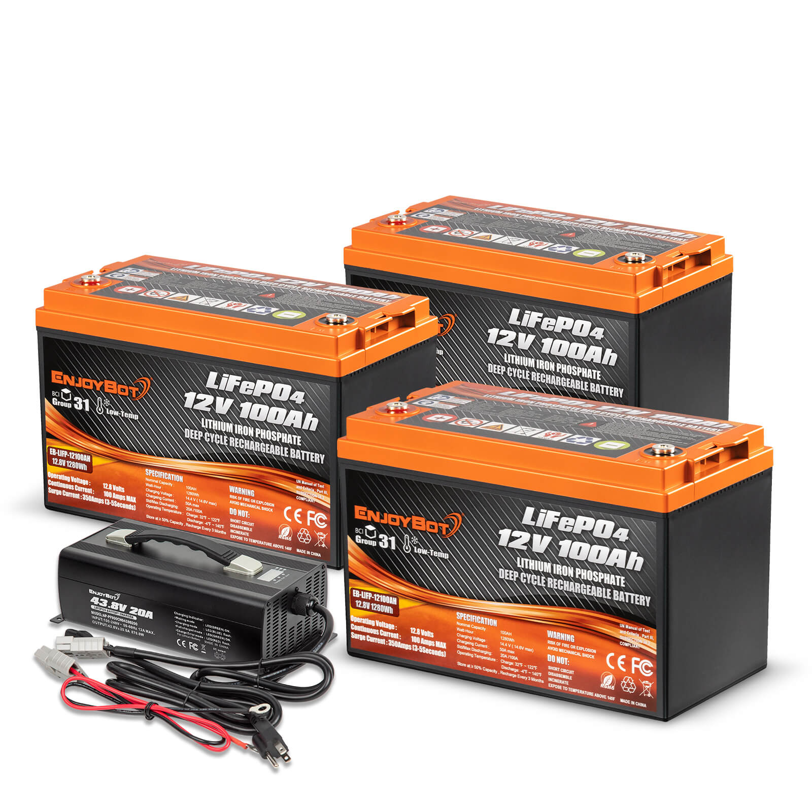 Enjoybot 12V 100Ah LiFePO4 Lithium Battery with Low-Temp Protection, 1280Wh, 100A BMS, Max 6S4P