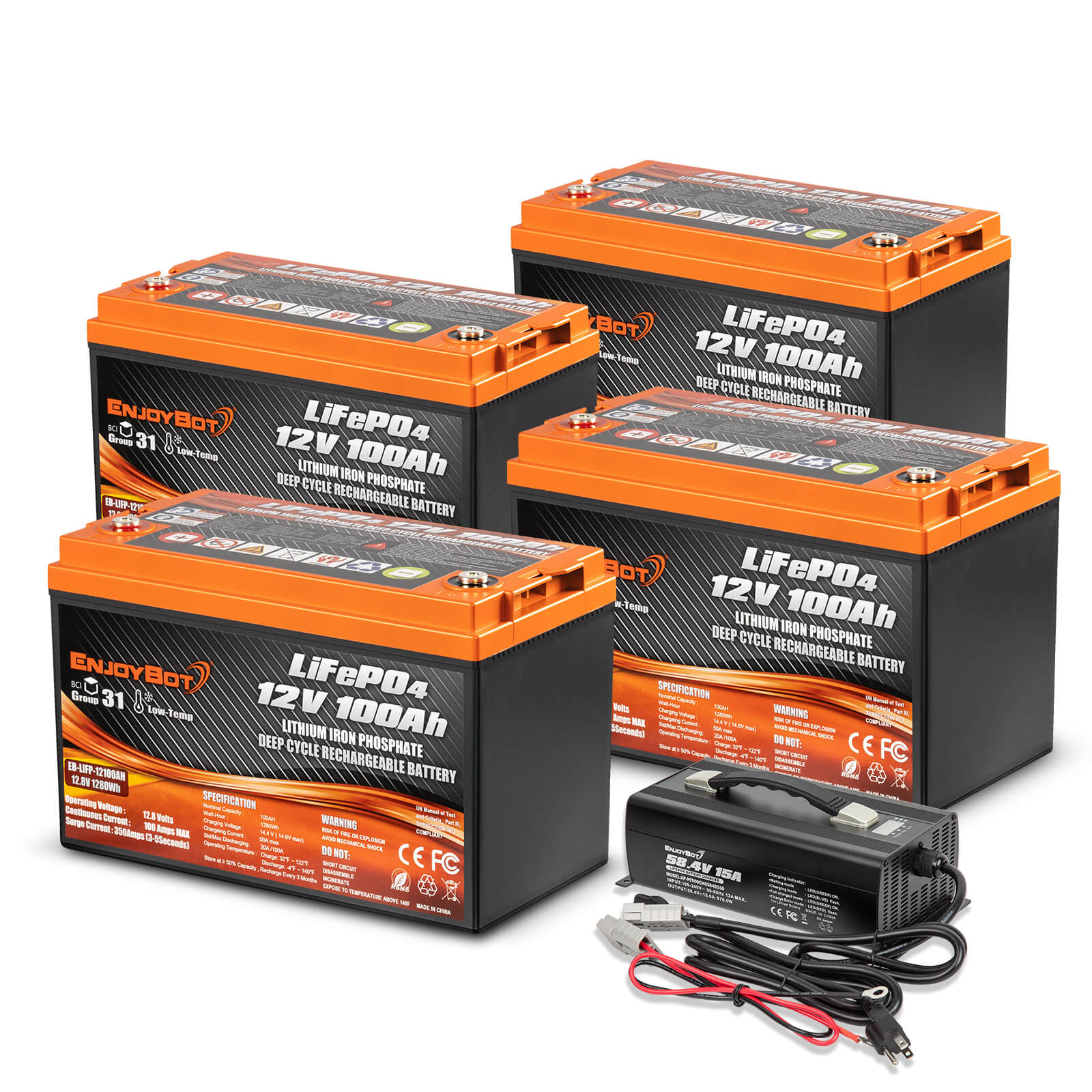 Enjoybot 12V 100Ah LiFePO4 Lithium Battery with Low-Temp Protection, 1280Wh, 100A BMS, Max 6S4P