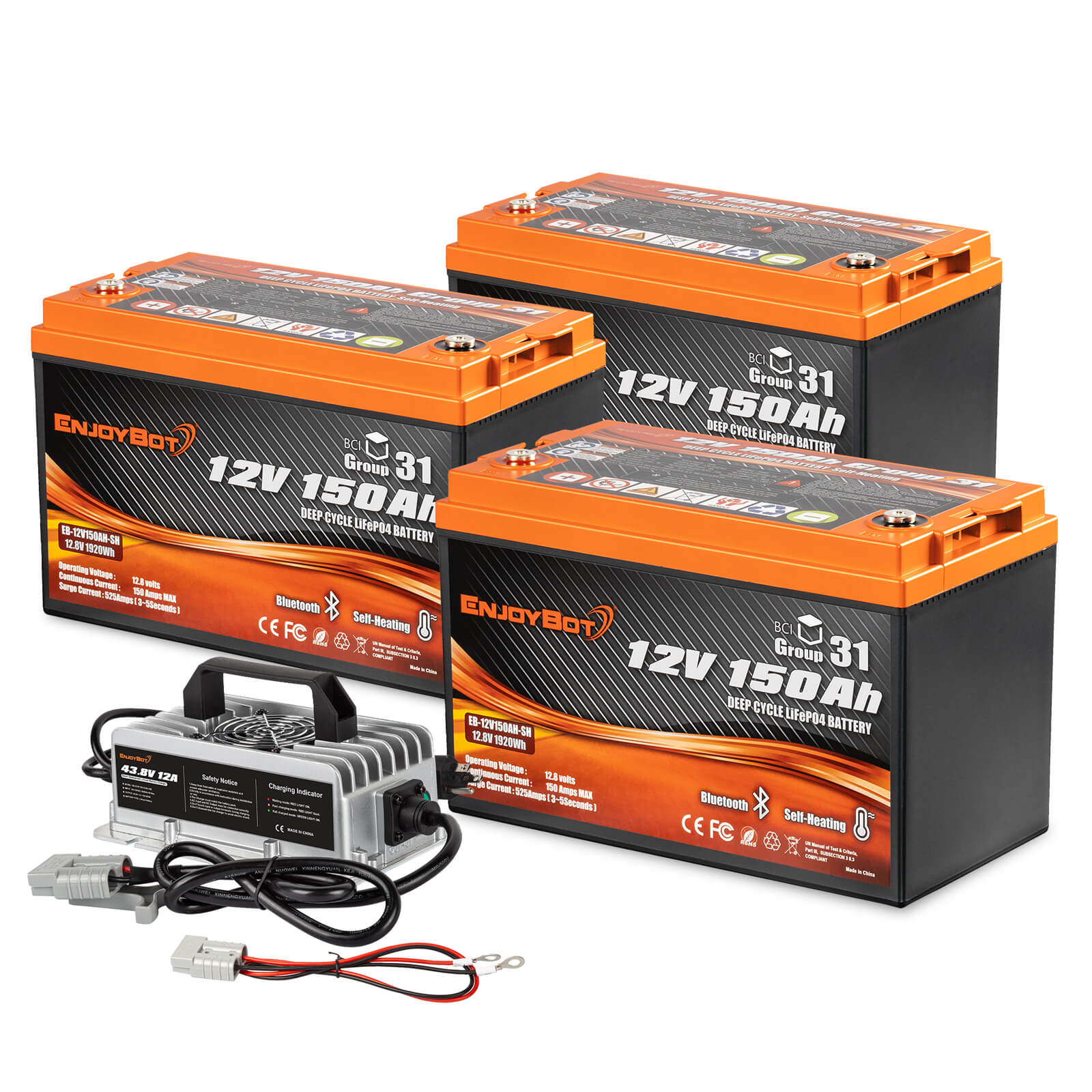 Enjoybot 12V 150Ah Self-Heating & Bluetooth Lithium Battery_3 Pack+43.8V 12A Charger