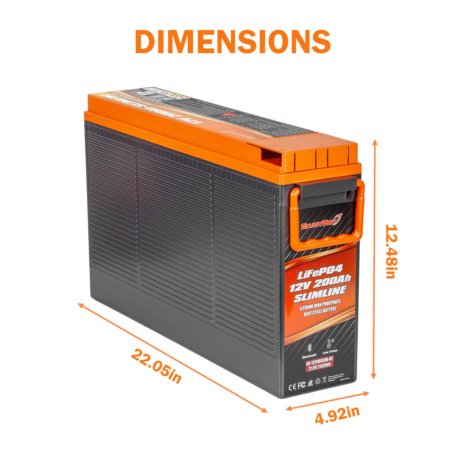 Enjoybot 12V 200Ah Slimline LiFePO4 Lithium Battery with Bluetooth, 2560Wh, 200A BMS