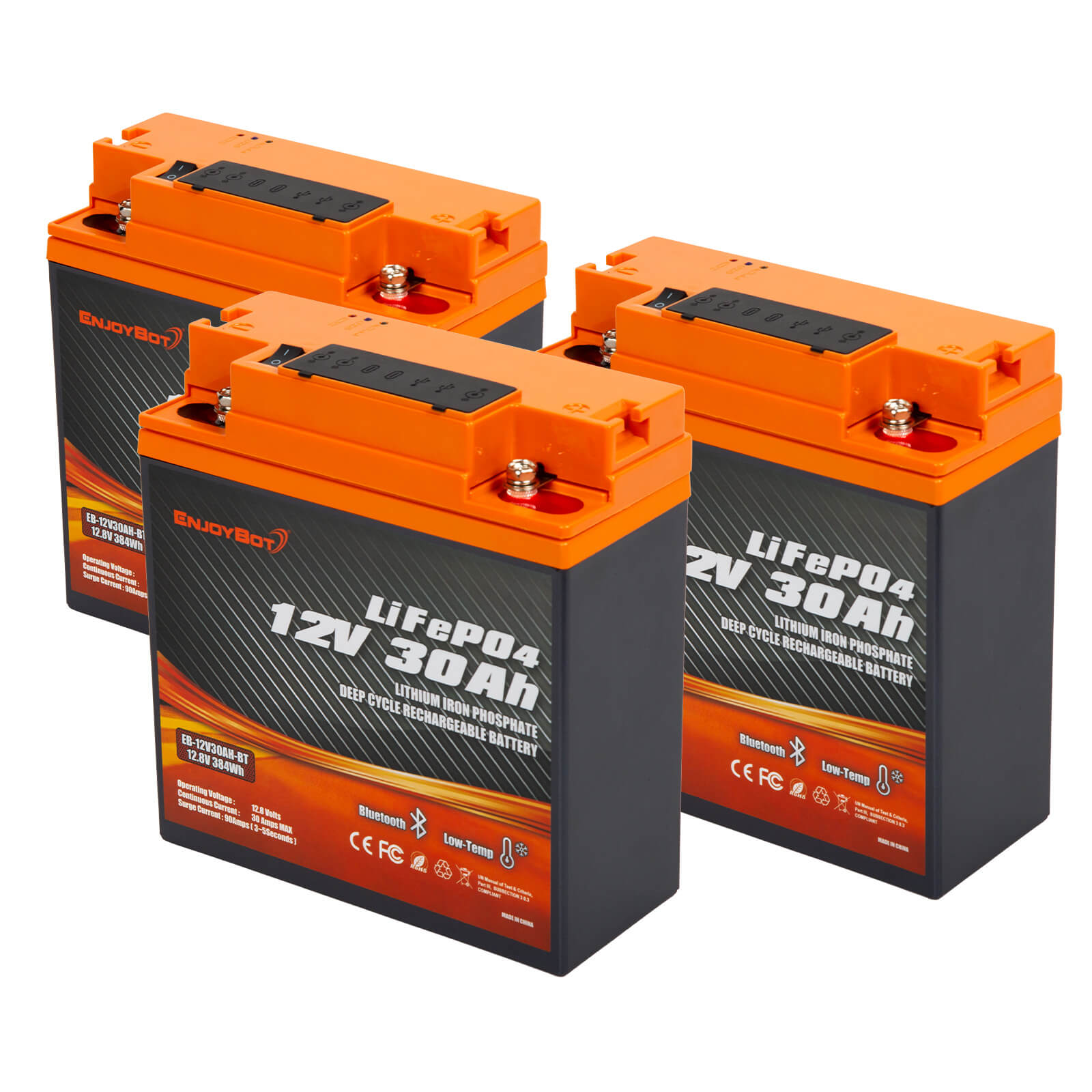 Enjoybot 12V 30Ah Portable LiFePO₄ Battery with Bluetooth & Direct-Charge Module