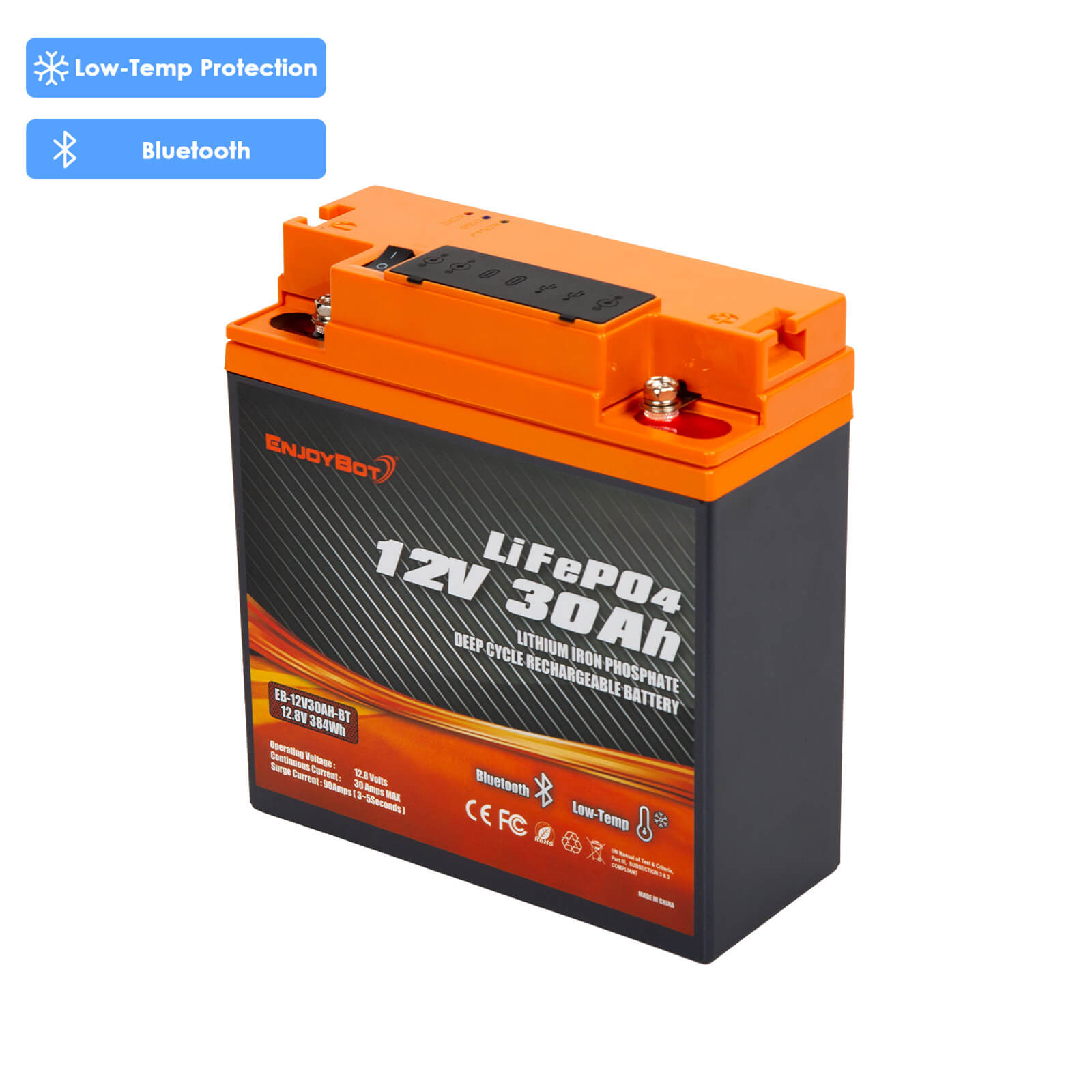 Enjoybot 12V 30Ah Portable LiFePO₄ Battery with Bluetooth & Direct-Charge Module