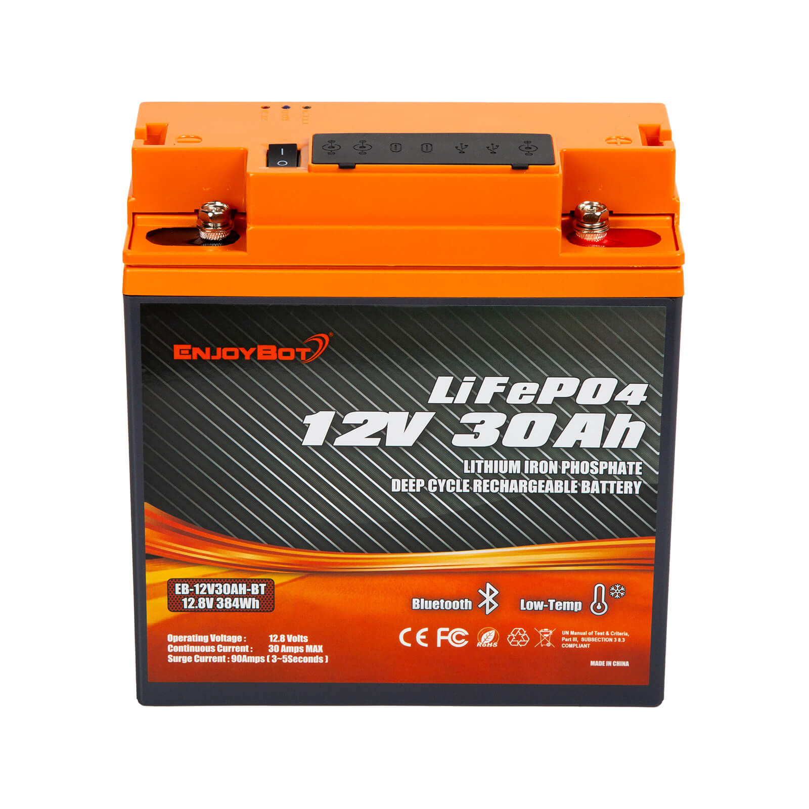 Enjoybot 12V 30Ah Portable LiFePO₄ Battery with Bluetooth & Direct-Charge Module