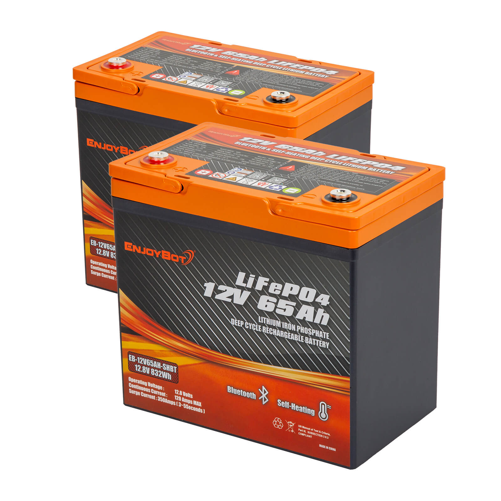 Enjoybot 12V 65Ah LiFePO₄ Lithium Battery with Bluetooth & Self-Heating, Group 22NF, 832Wh, 120A BMS