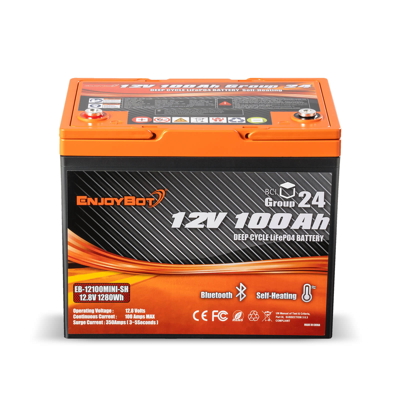 Enjoybot 12V 100Ah Group 24 Bluetooth LiFePO4 Lithium Battery With Self-Heating, 1280Wh, 100A BMS