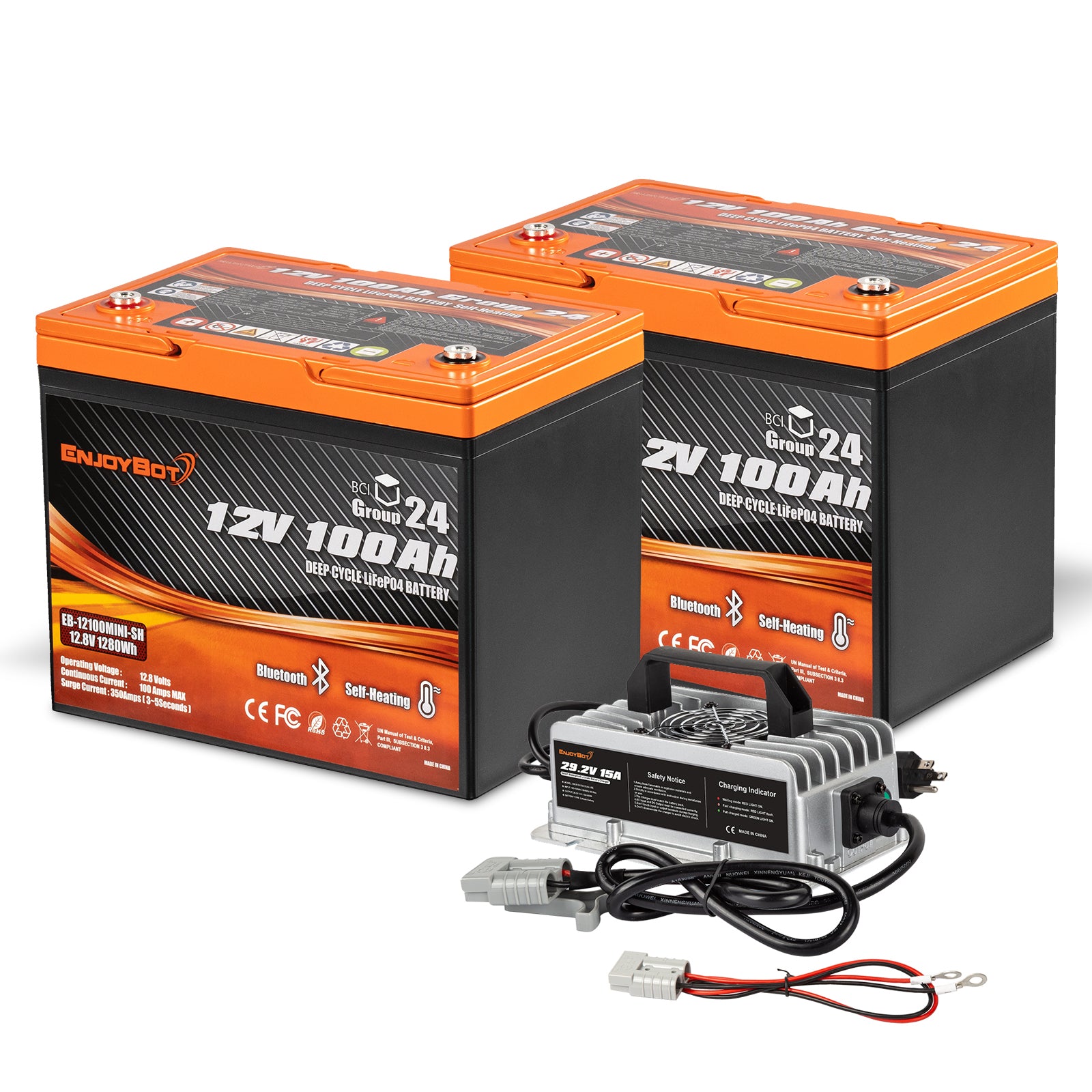 Enjoybot 12V 100Ah Group 24 Self-Heating & Bluetooth Lithium LiFePO4 Battery_2 Pack+29.2V 15A Charger