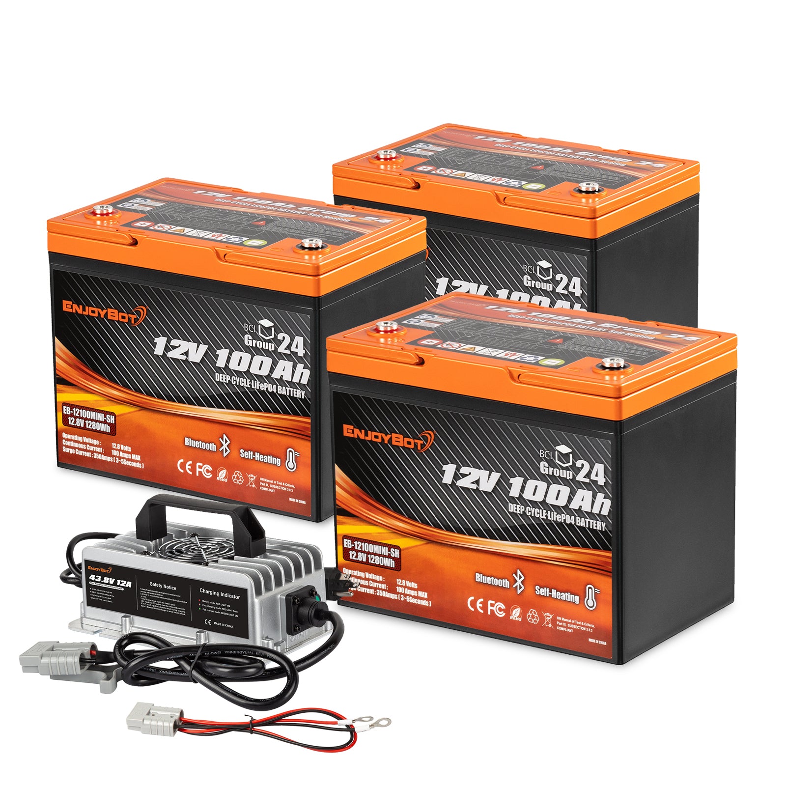 Enjoybot 12V 100Ah Group 24 Self-Heating & Bluetooth Lithium LiFePO4 Battery_3 Pack+43.8V 12A Charger