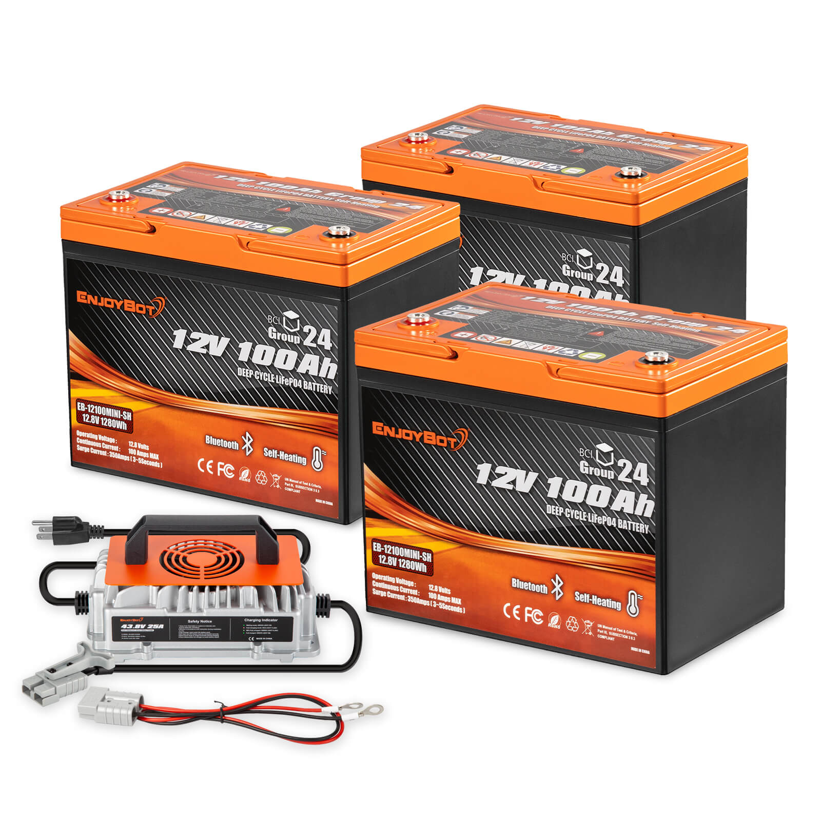 Enjoybot 12V 100Ah Group 24 Bluetooth LiFePO4 Lithium Battery With Self-Heating, 1280Wh, 100A BMS