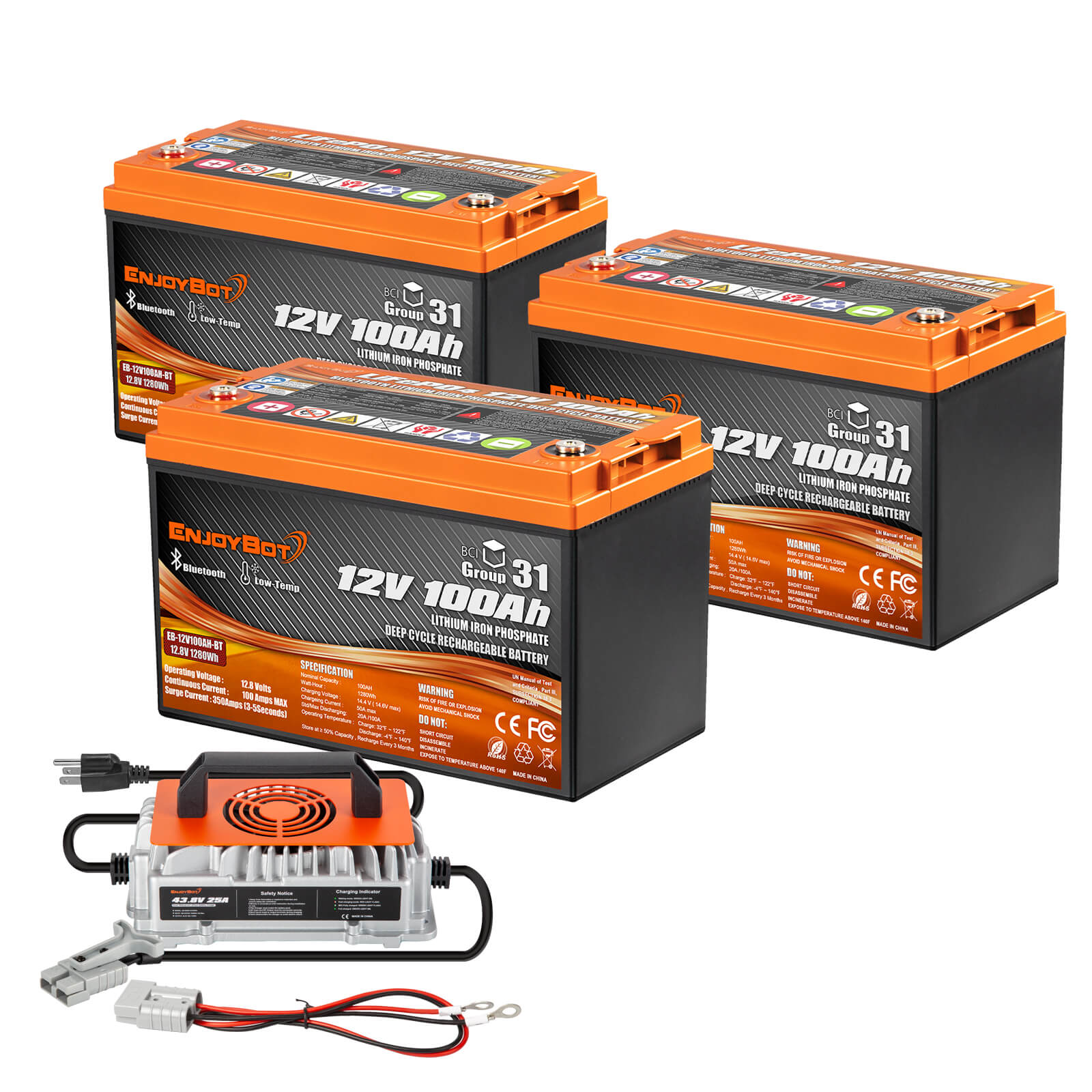 Enjoybot 12V 100Ah BT LiFePO4 Lithium Battery with Bluetooth & Low-Temp Protection, 1280Wh, 100A BMS