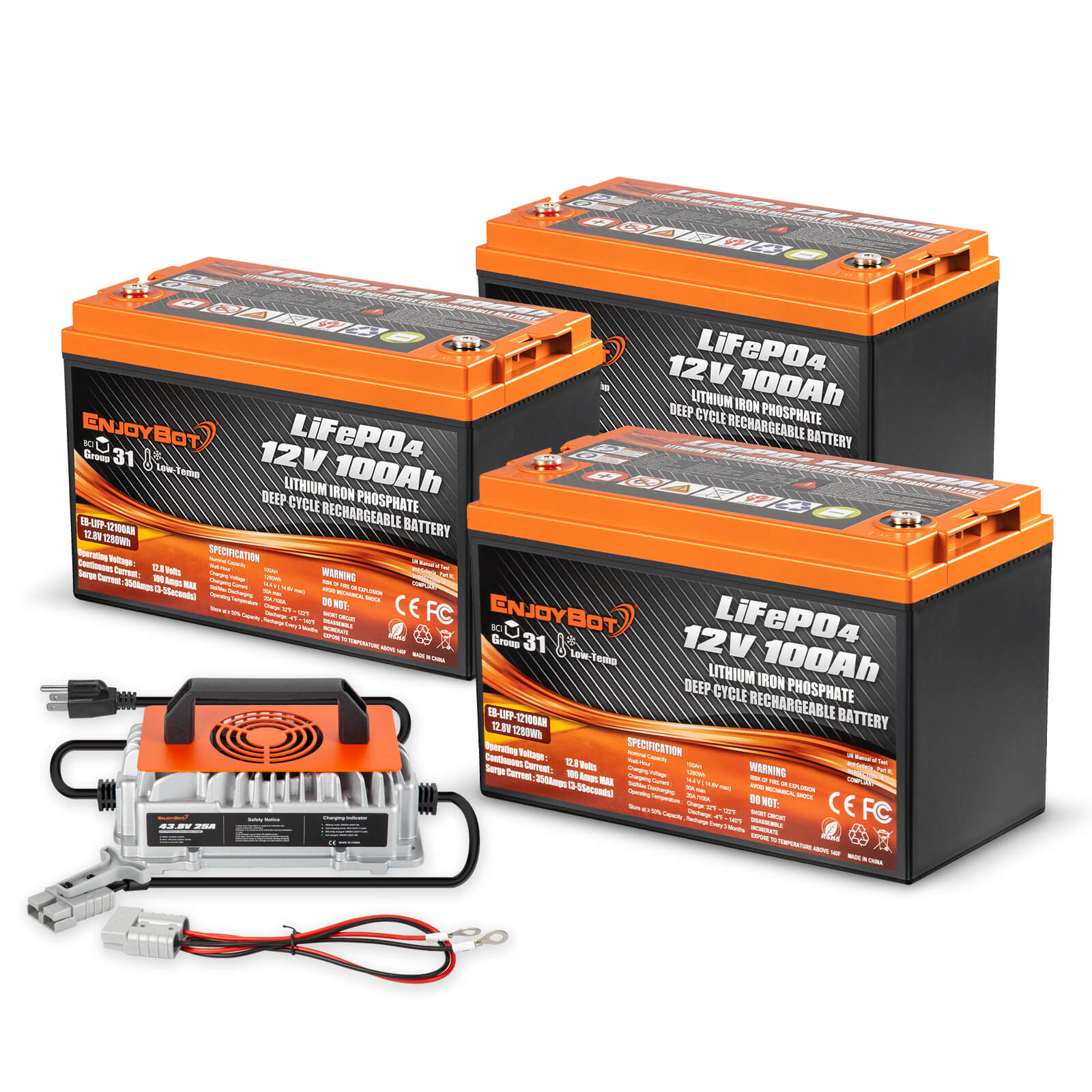 Enjoybot 12V 100Ah LiFePO4 Lithium Battery with Low-Temp Protection, 1280Wh, 100A BMS, Max 6S4P