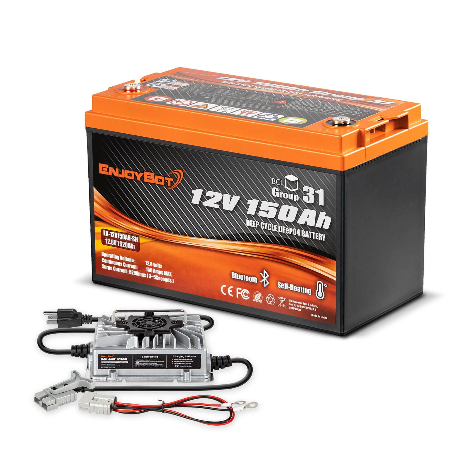 Enjoybot 12V 150Ah Group 31 LiFePO4 Lithium Battery with Bluetooth & Self-Heating, 1920Wh, 150A BMS