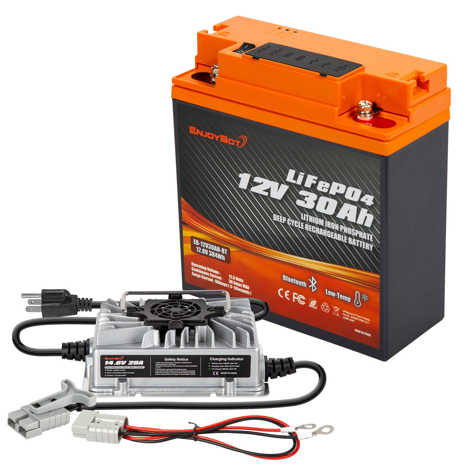 Enjoybot 12V 30Ah Portable LiFePO₄ Battery with Bluetooth & Direct-Charge Module