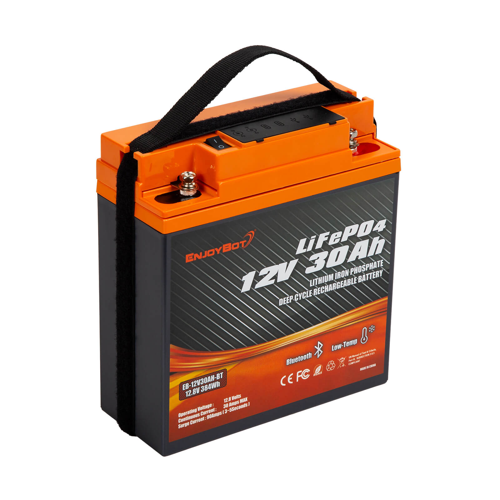 Enjoybot 12V 30Ah Portable LiFePO₄ Battery with Bluetooth & Direct-Charge Module