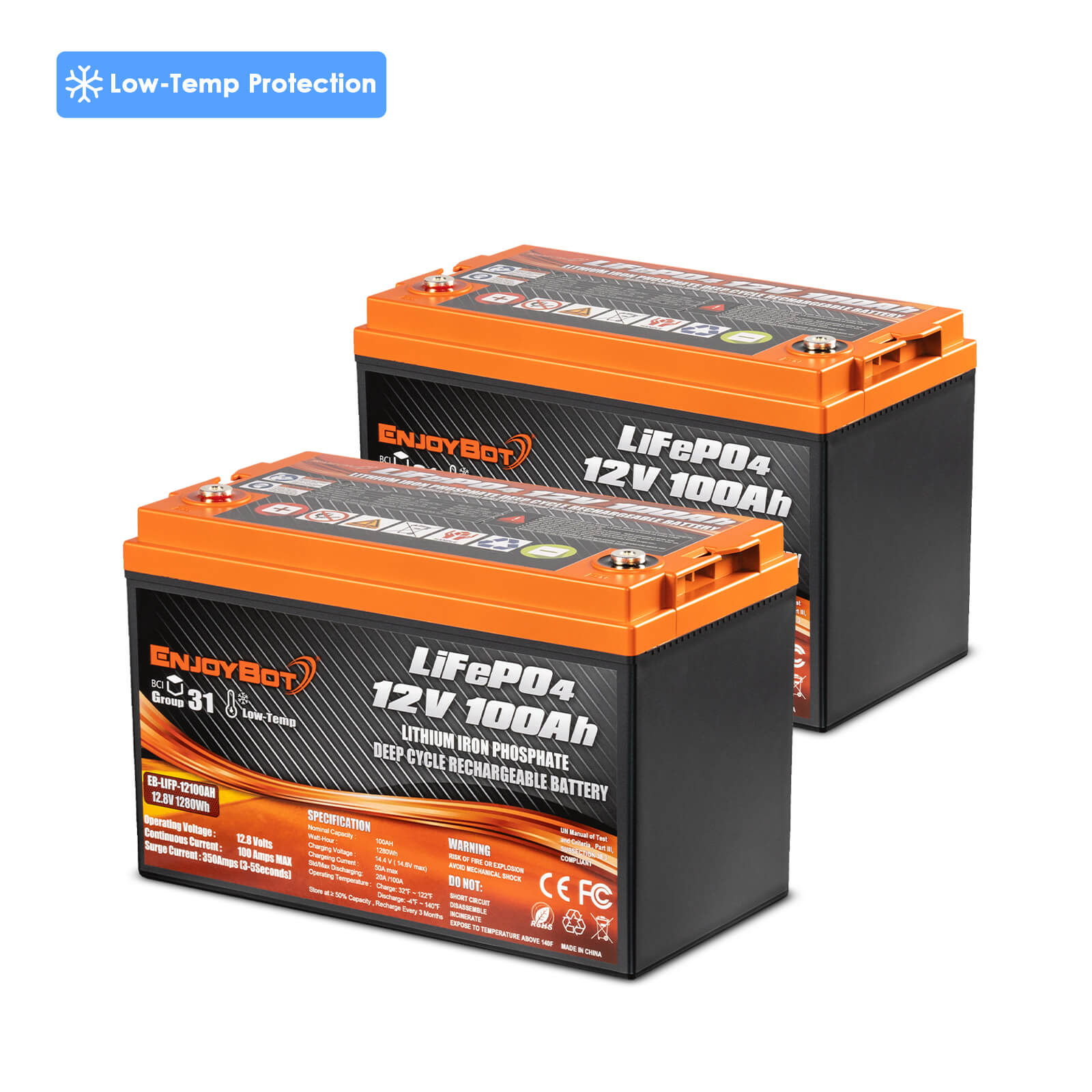 24V 100Ah Lithium Trolling Motor Battery Set- 2 12V 100Ah Group 31 Deep Cycle LiFePO4 Batteries
