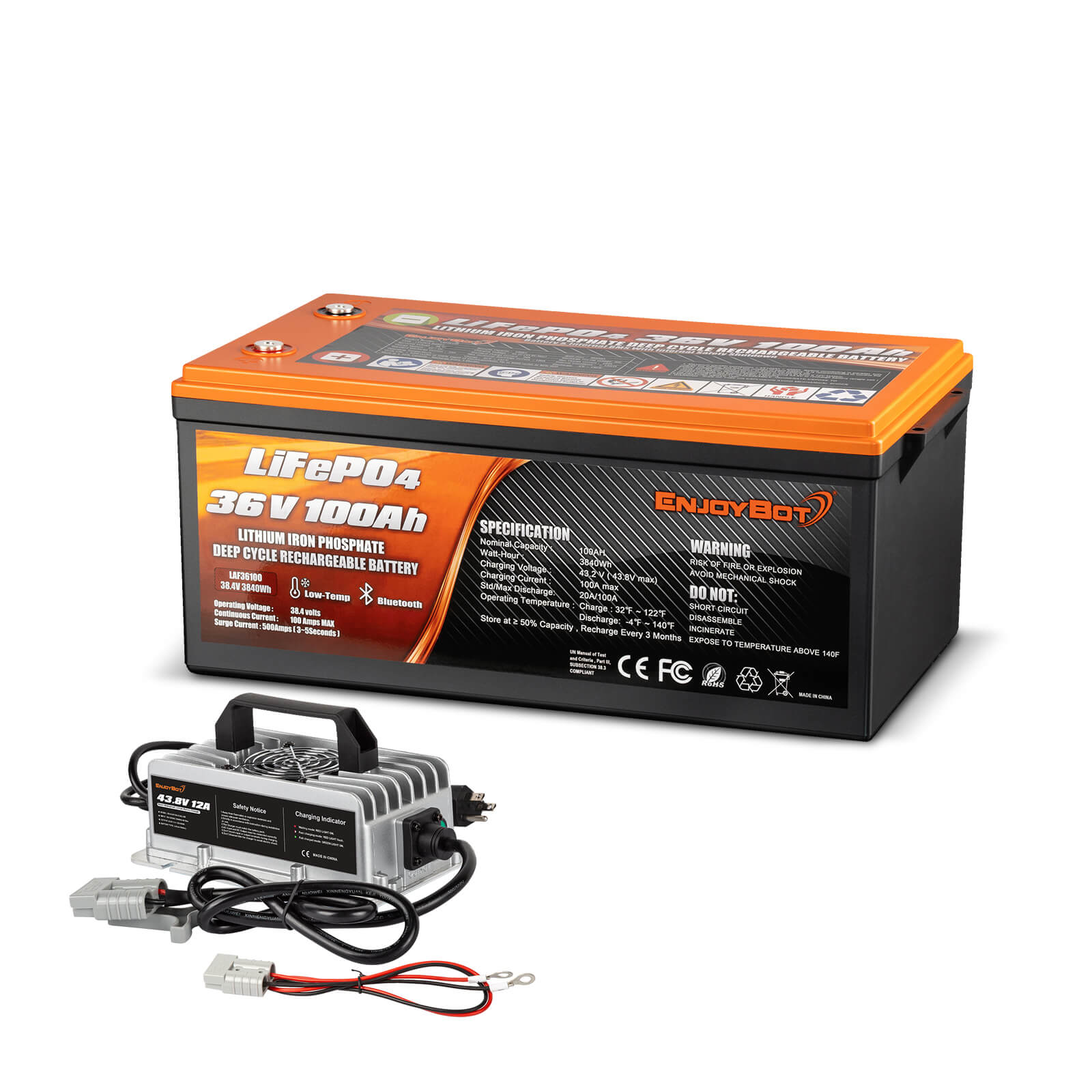Enjoybot 36V 100AH LiFePO4 Lithium Battery with Bluetooth & Low-Temp Protection_1 Pack+12A Charger