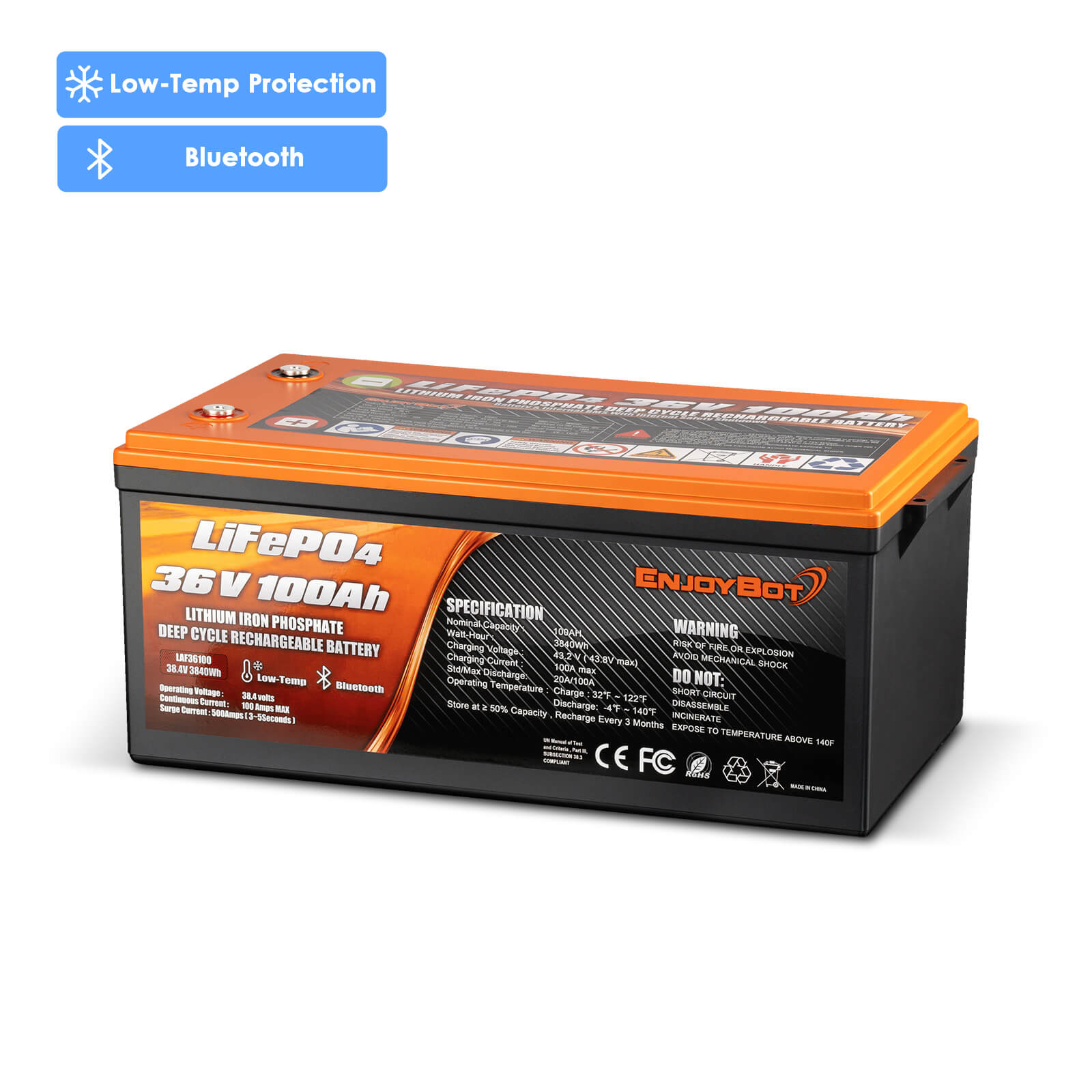 Enjoybot 36V 100AH LiFePO4 Lithium Battery with Bluetooth & Low-Temp Protection, 3840Wh, 100A BMS