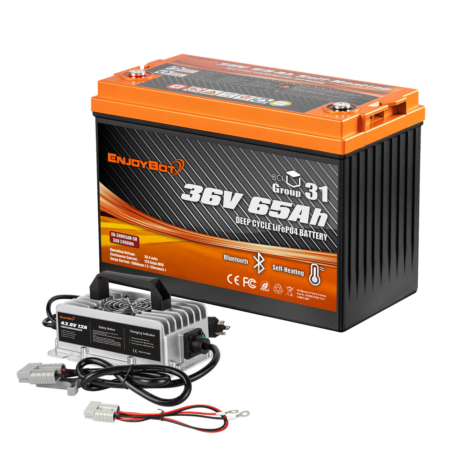 Enjoybot 36V 65Ah Self-Heating & Bluetooth Group 31 LiFePO4 Lithium Battery_1 Pack+43.8V 12A Charger