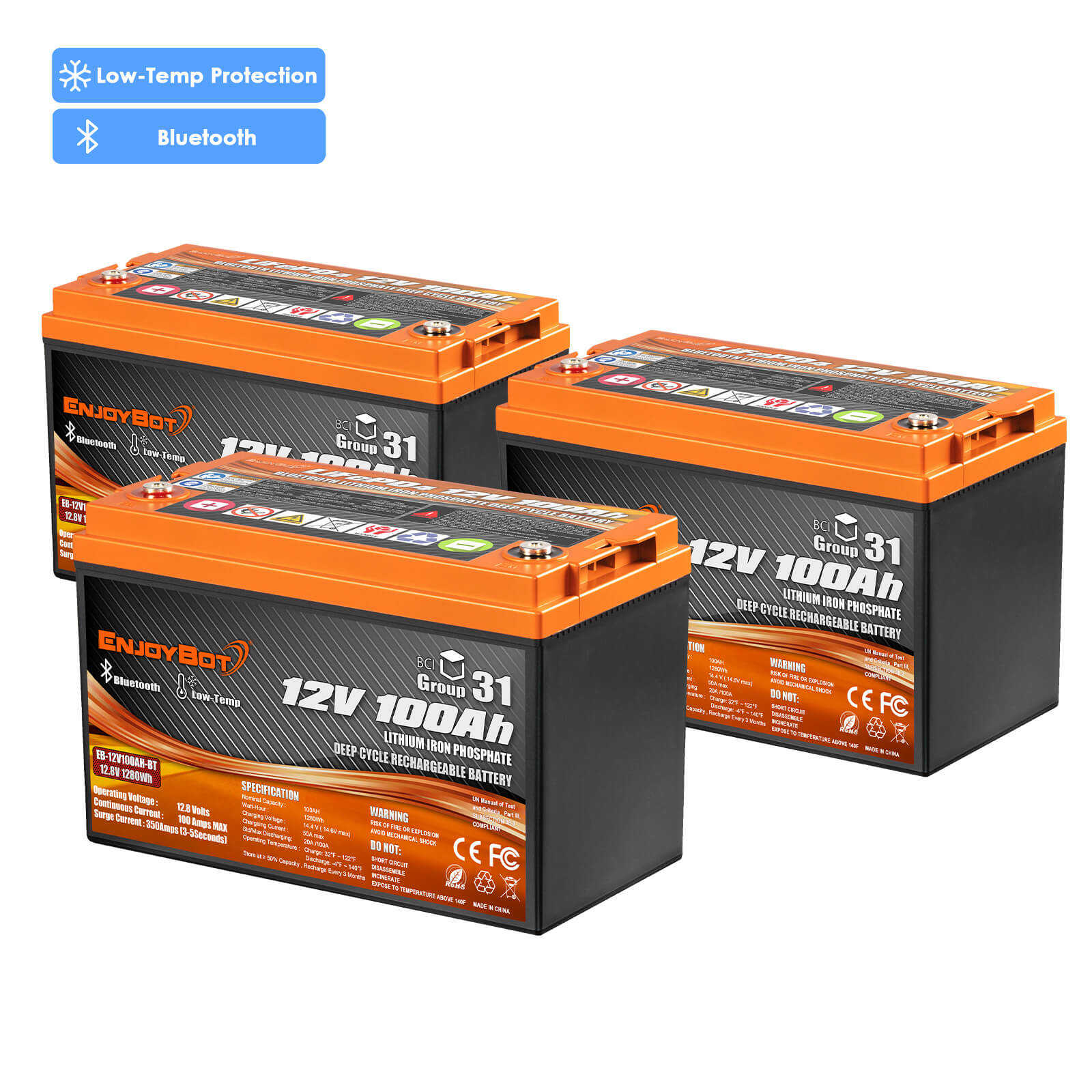 Enjoybot 36V 100Ah BluetoothLiFePO4 Lithium Trolling Motor Battery Set - 3 Batteries