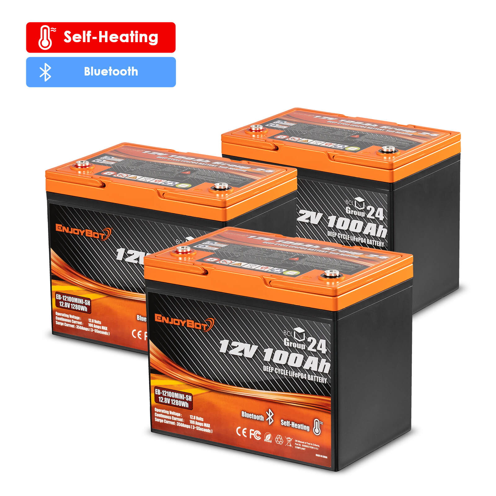 Enjoybot 36V 100Ah LiFePO4 Lithium Trolling Motor Battery Set - 3 12V 100Ah Group 24 Deep Cycle Batteries