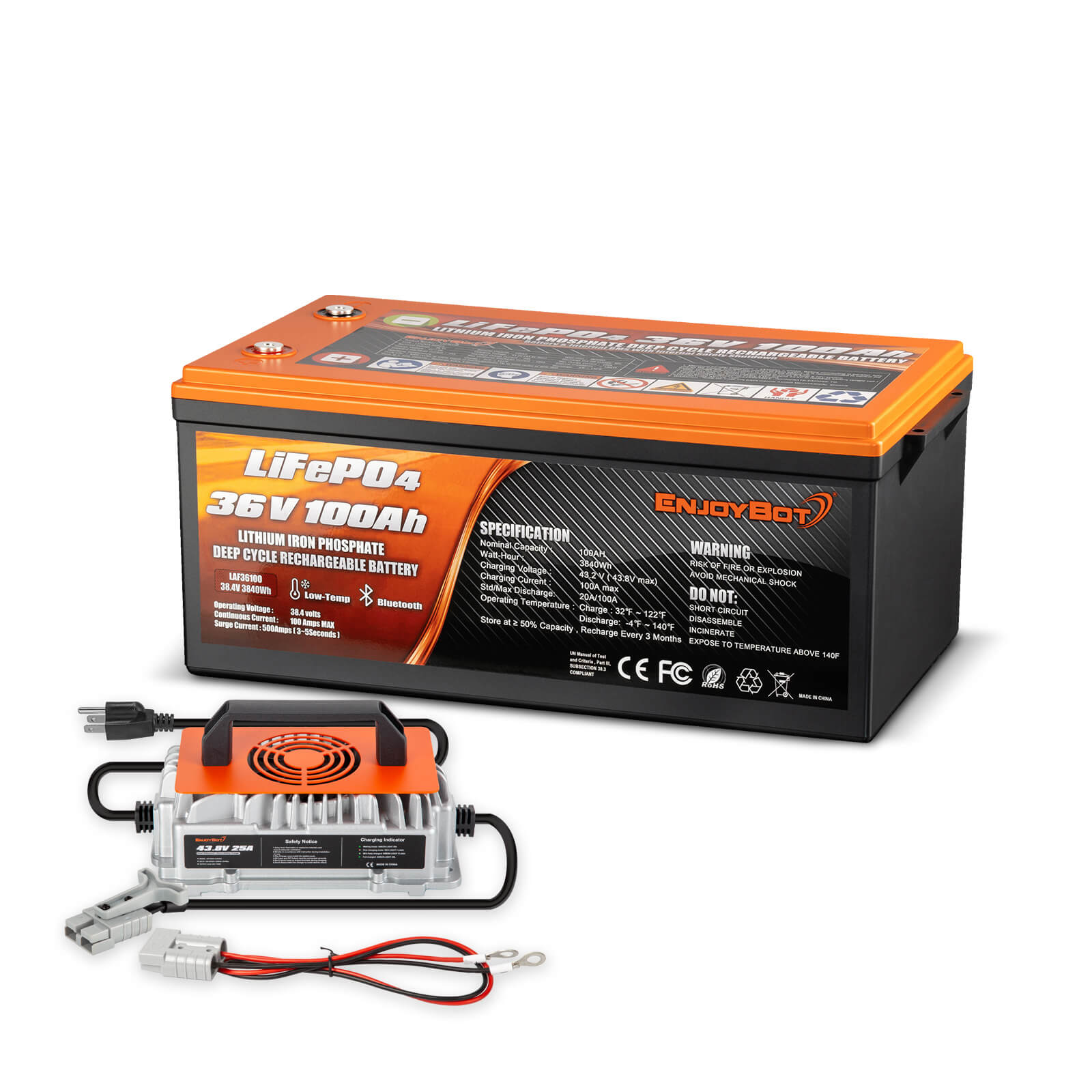 Enjoybot 36V 100AH LiFePO4 Lithium Battery with Bluetooth & Low-Temp Protection, 3840Wh, 100A BMS