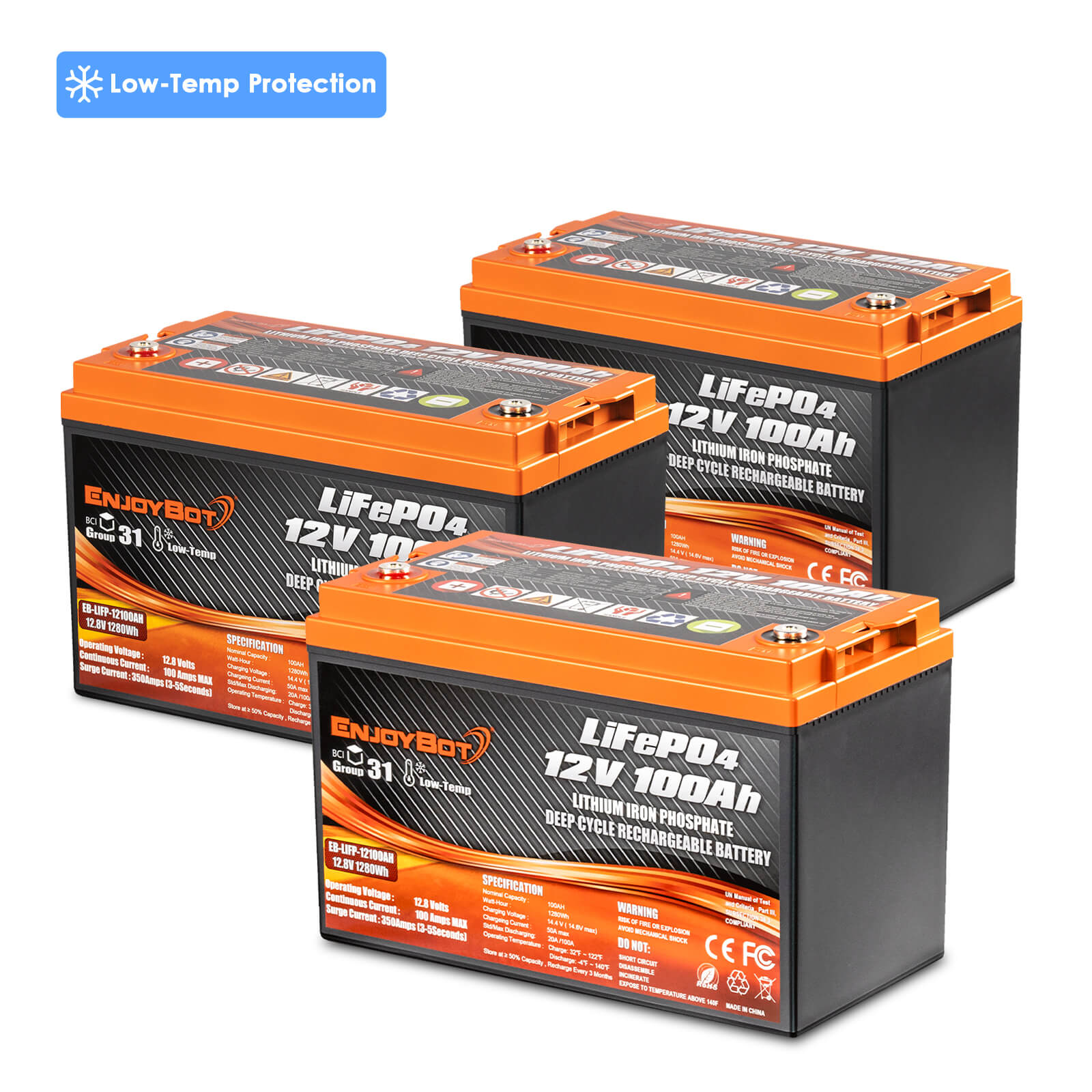 Enjoybot 36V 100Ah LiFePO4 Lithium Trolling Motor Battery Set - 3 Batteries