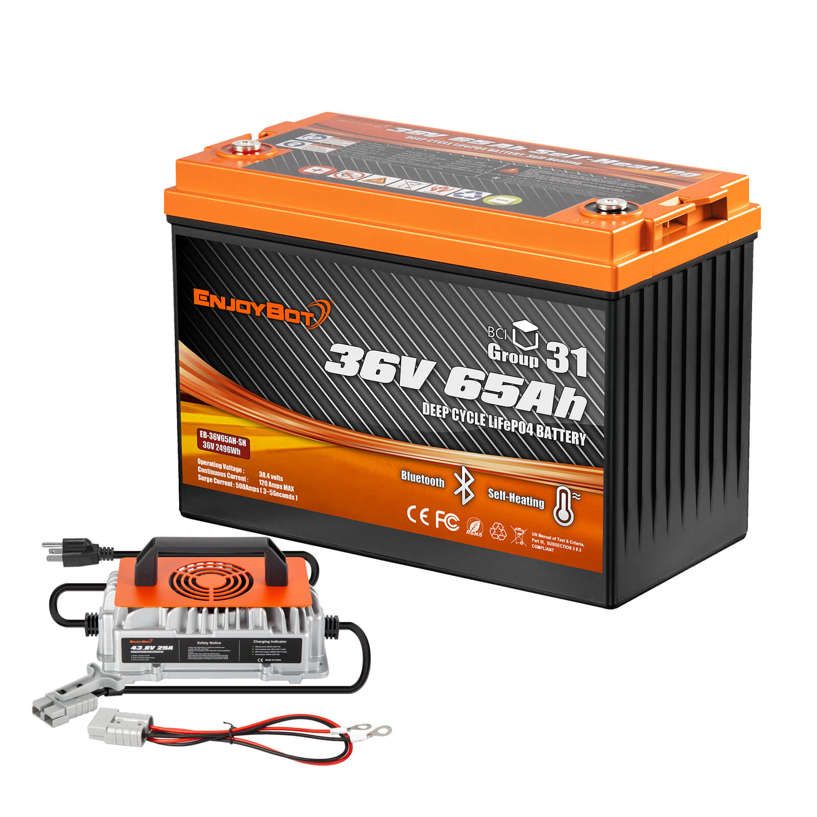 Enjoybot 36V 65AH Group 31 LiFePO4 Lithium Battery with Bluetooth & Self-Heating, 2496Wh, 120A BMS
