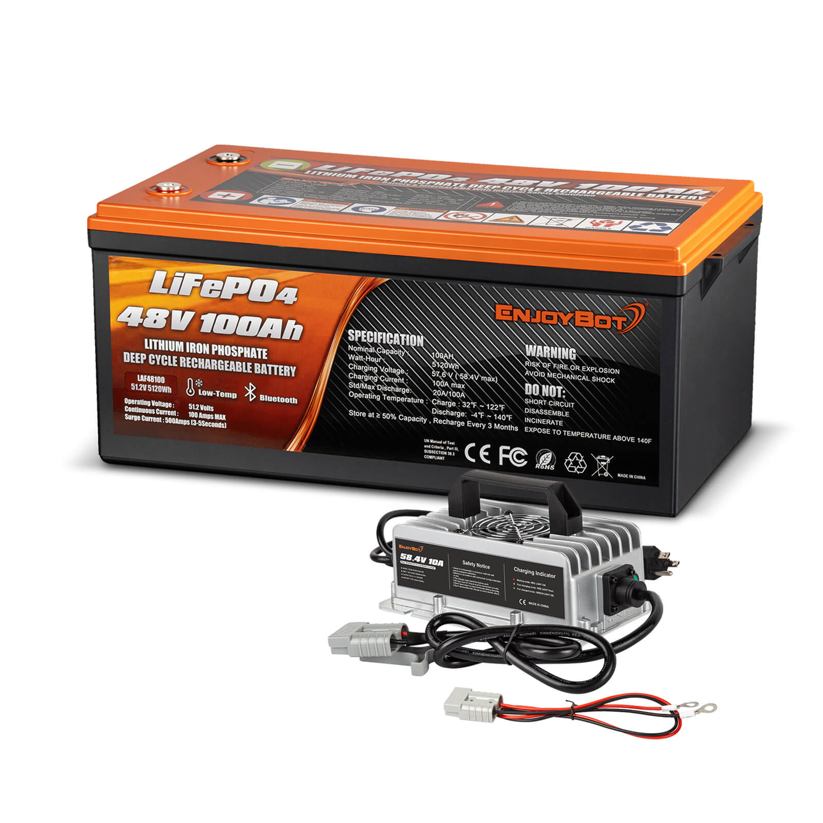 Enjoybot 48V 100AH LiFePO4 Lithium Battery with Bluetooth & Low-Temp Protection, 5120Wh, 100A BMS