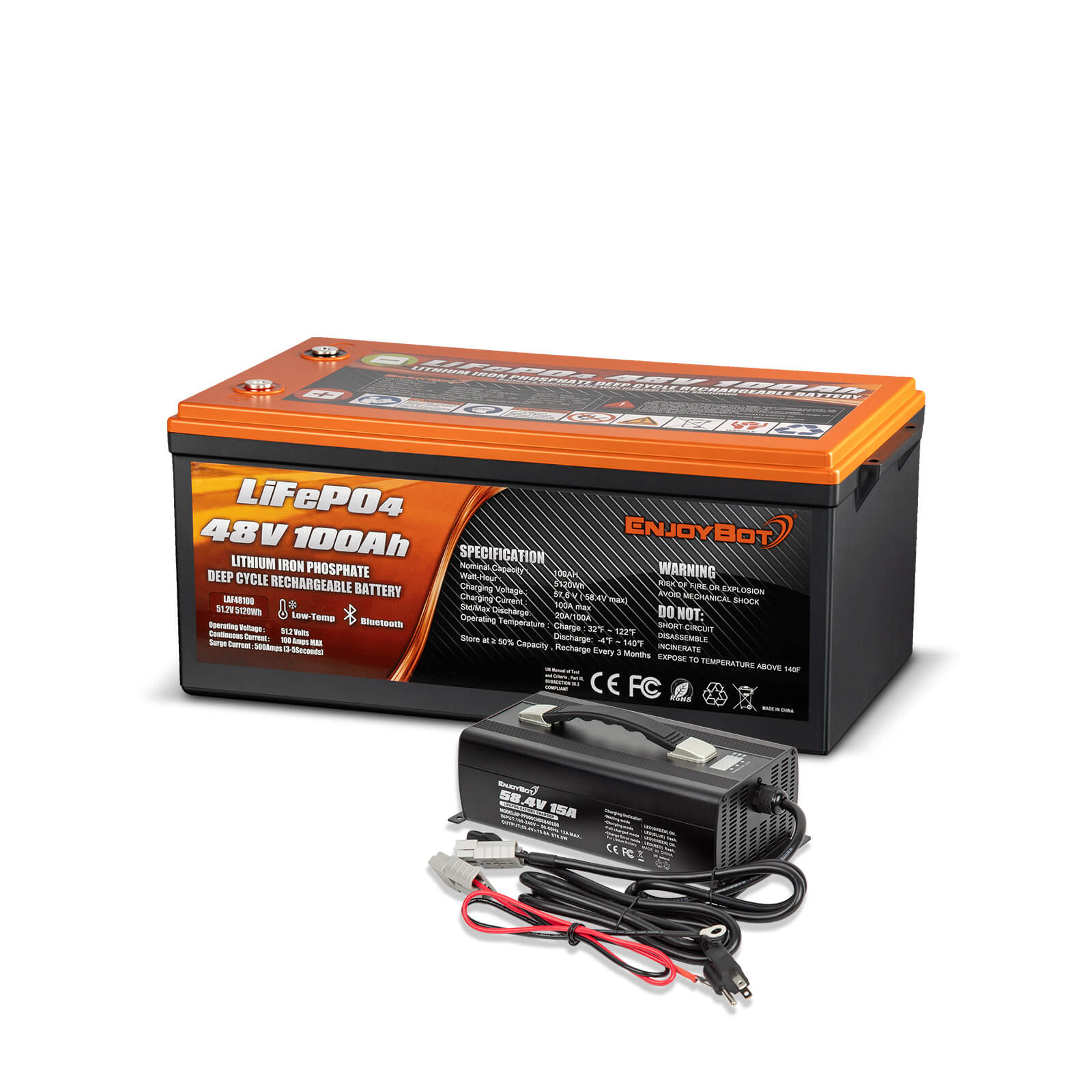 Enjoybot 48V 100AH LiFePO4 Lithium Battery with Bluetooth & Low-Temp Protection, 5120Wh, 100A BMS