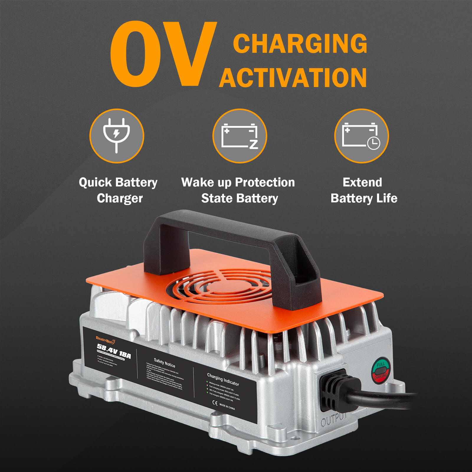 Enjoybot 58.4V 18A Waterproof Mountable LiFePO4 Lithium Battery Charger For 48V Lithium Batteries