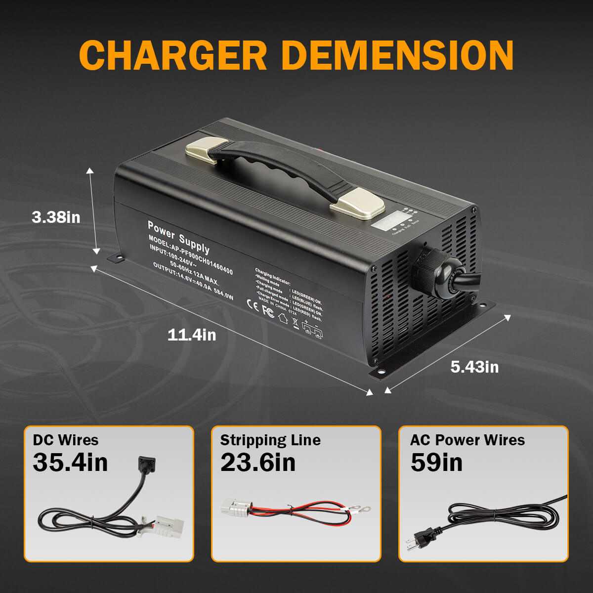 Enjoybot 14.6V (12V) 40A Dual-Purpose Lithium Battery Charger - Demension