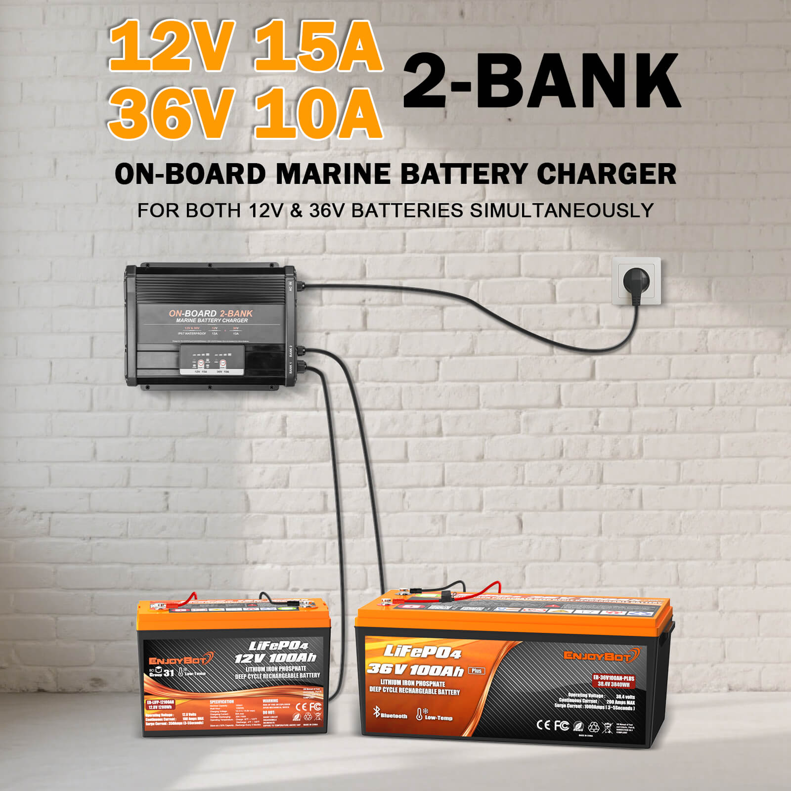 Enjoybot 2 Bank 12V 15A + 36V 10A On-Board Marine Battery Charger