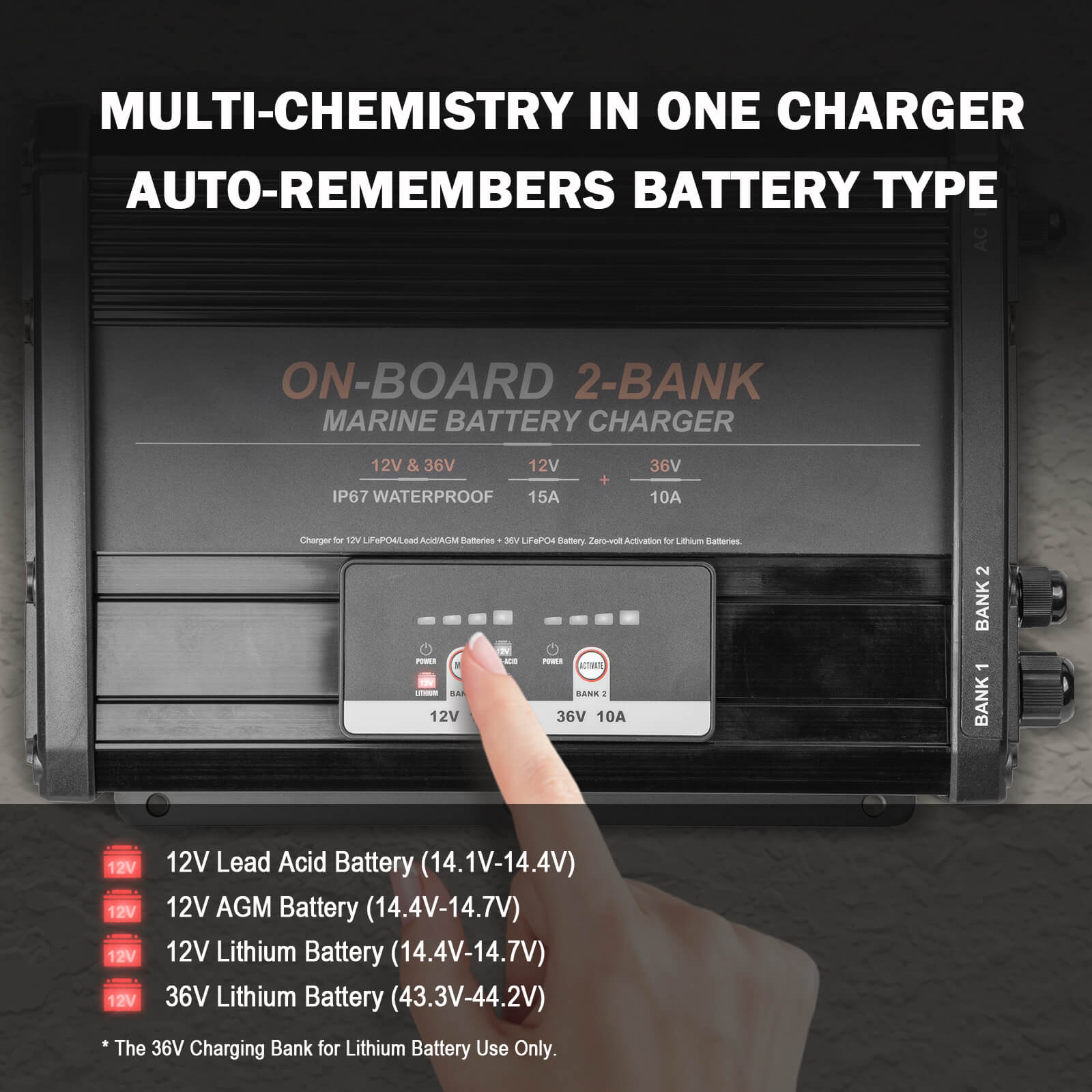Enjoybot 2 Bank 12V 15A + 36V 10A On-Board Marine Battery Charger