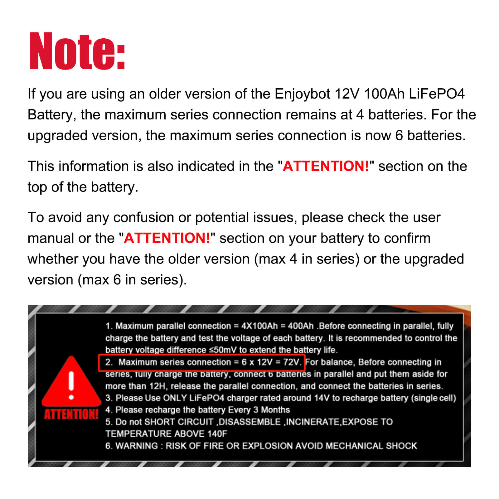 Enjoybot 12V 100Ah LiFePO4 Lithium Battery with Low-Temp Protection, 1280Wh, 100A BMS, Max 6S4P