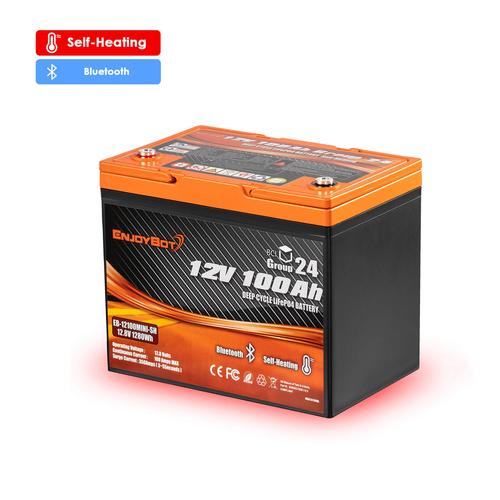 Enjoybot 12V 100Ah Group 24 Bluetooth LiFePO4 Lithium Battery With Self-Heating, 1280Wh, 100A BMS