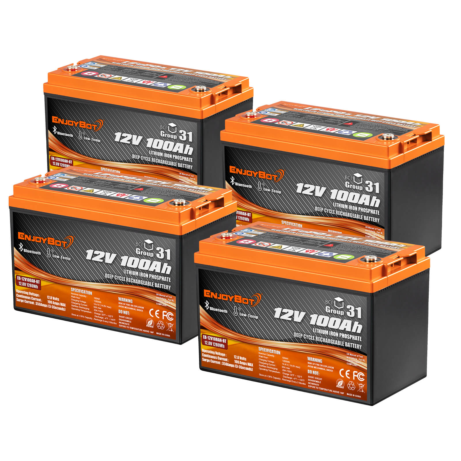 Enjoybot 12V 100Ah Bluetooth Lithium Battery_4 Pack