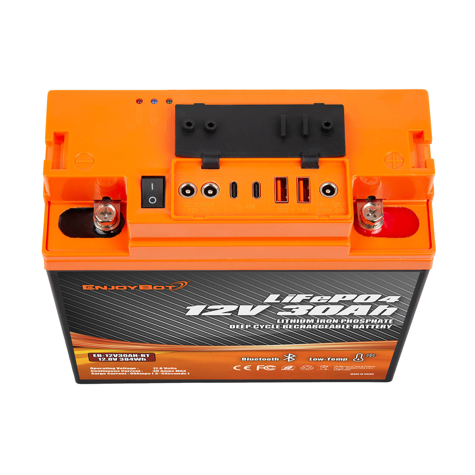Enjoybot 12V 30Ah Portable LiFePO₄ Battery with Bluetooth & Direct-Charge Module