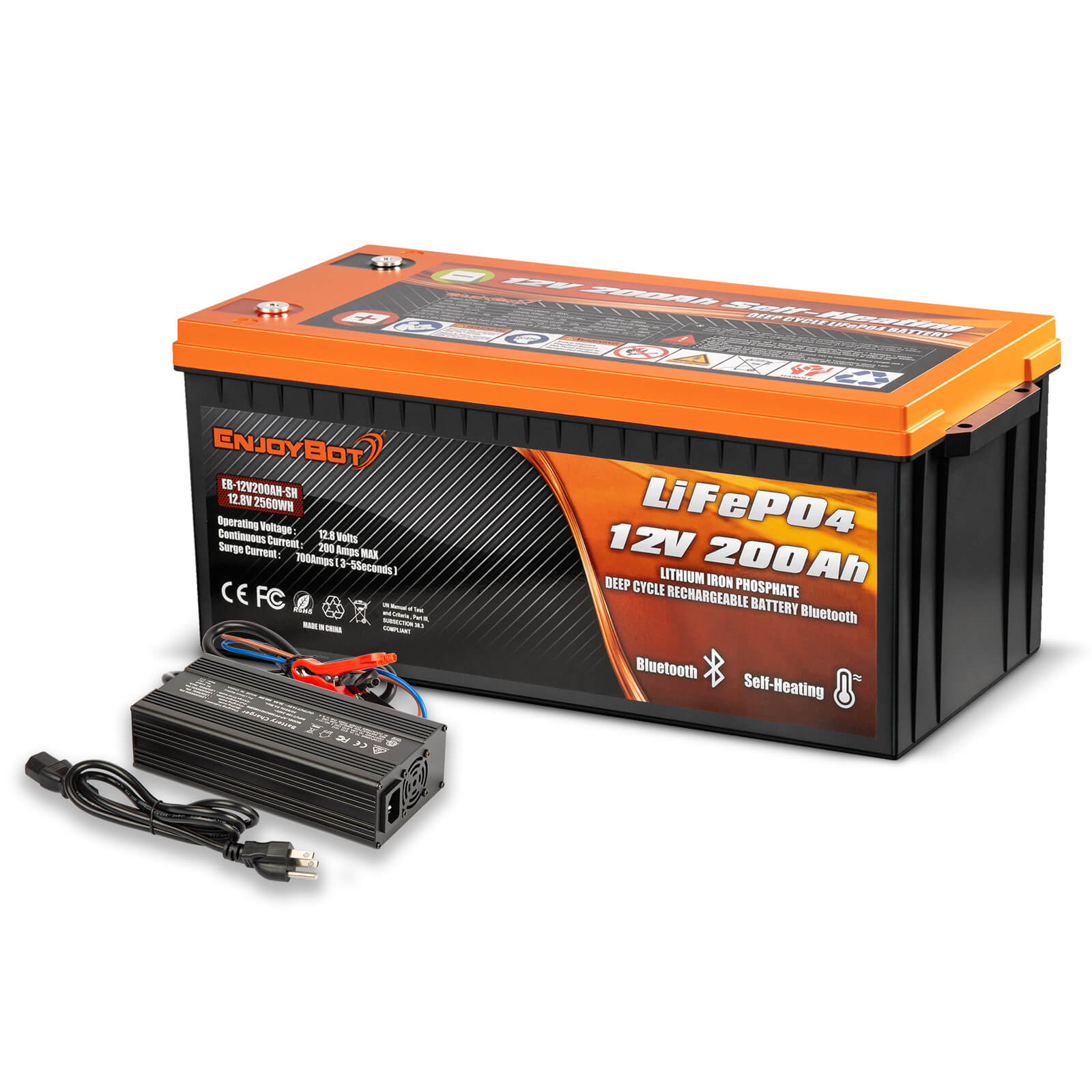 Enjoybot 12V 200Ah Self-Heating & Bluetooth LiFePO4 Lithium Battery 1 Pack+14.6V 20A Charger