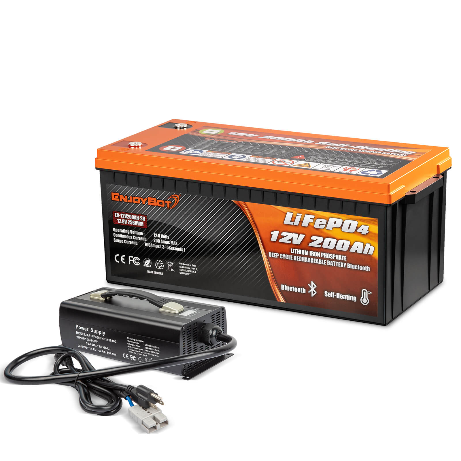 Enjoybot 12V 200Ah Self-Heating & Bluetooth LiFePO4 Lithium Battery 1 Pack+14.6V 40A Charger