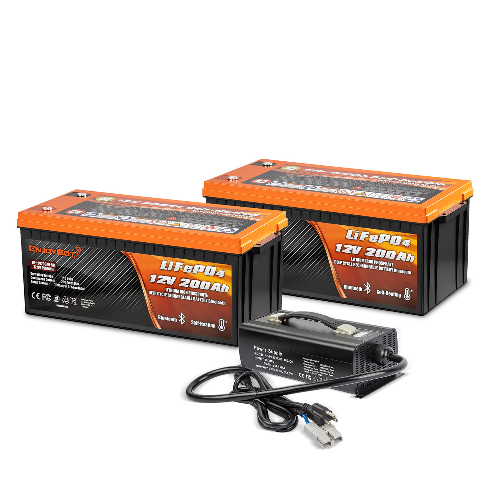 Enjoybot 12V 200Ah Self-Heating & Bluetooth LiFePO4 Lithium Battery 2 Pack+14.6V 40A Charger