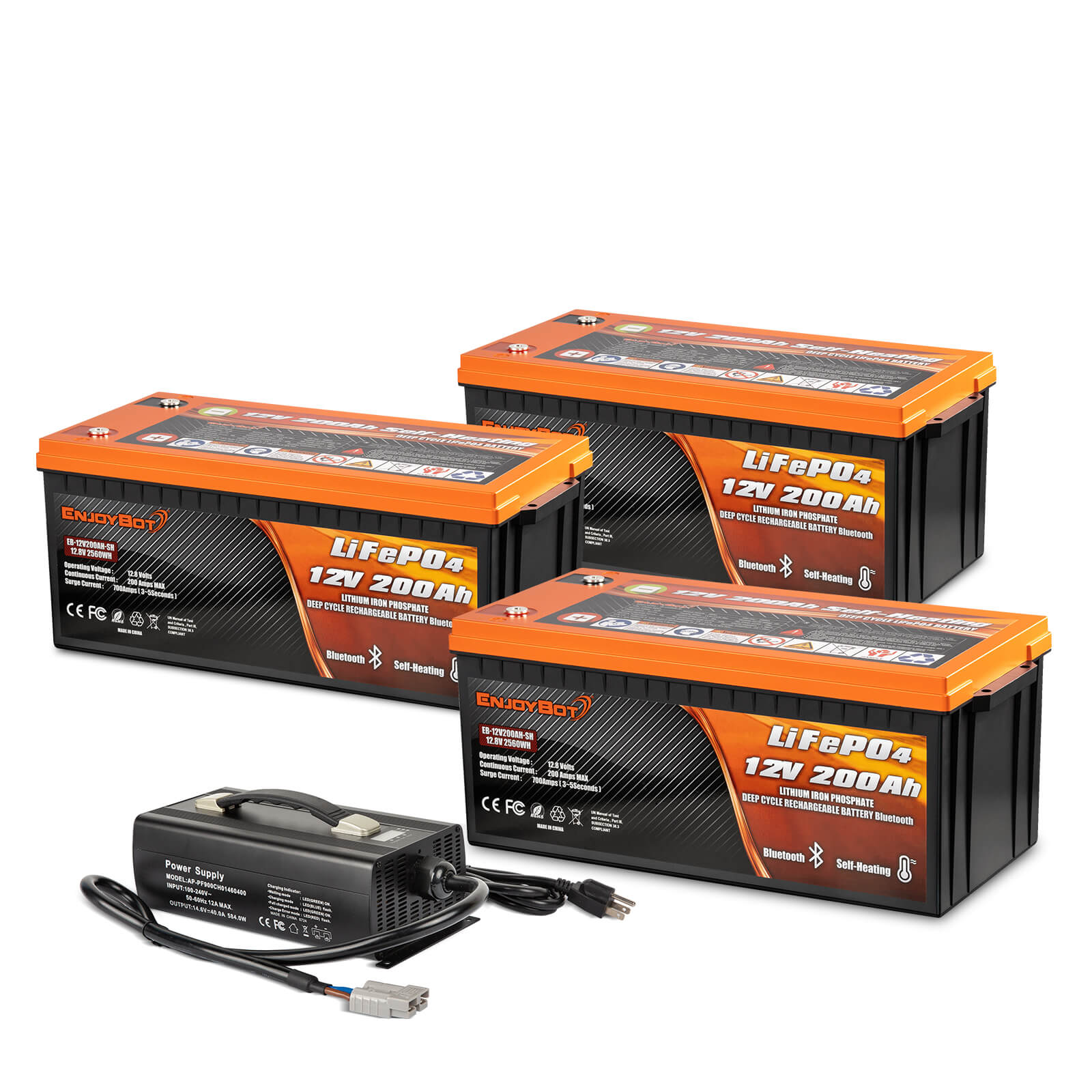 Enjoybot 12V 200Ah Self-Heating & Bluetooth LiFePO4 Lithium Battery 3 Pack+14.6V 40A Charger