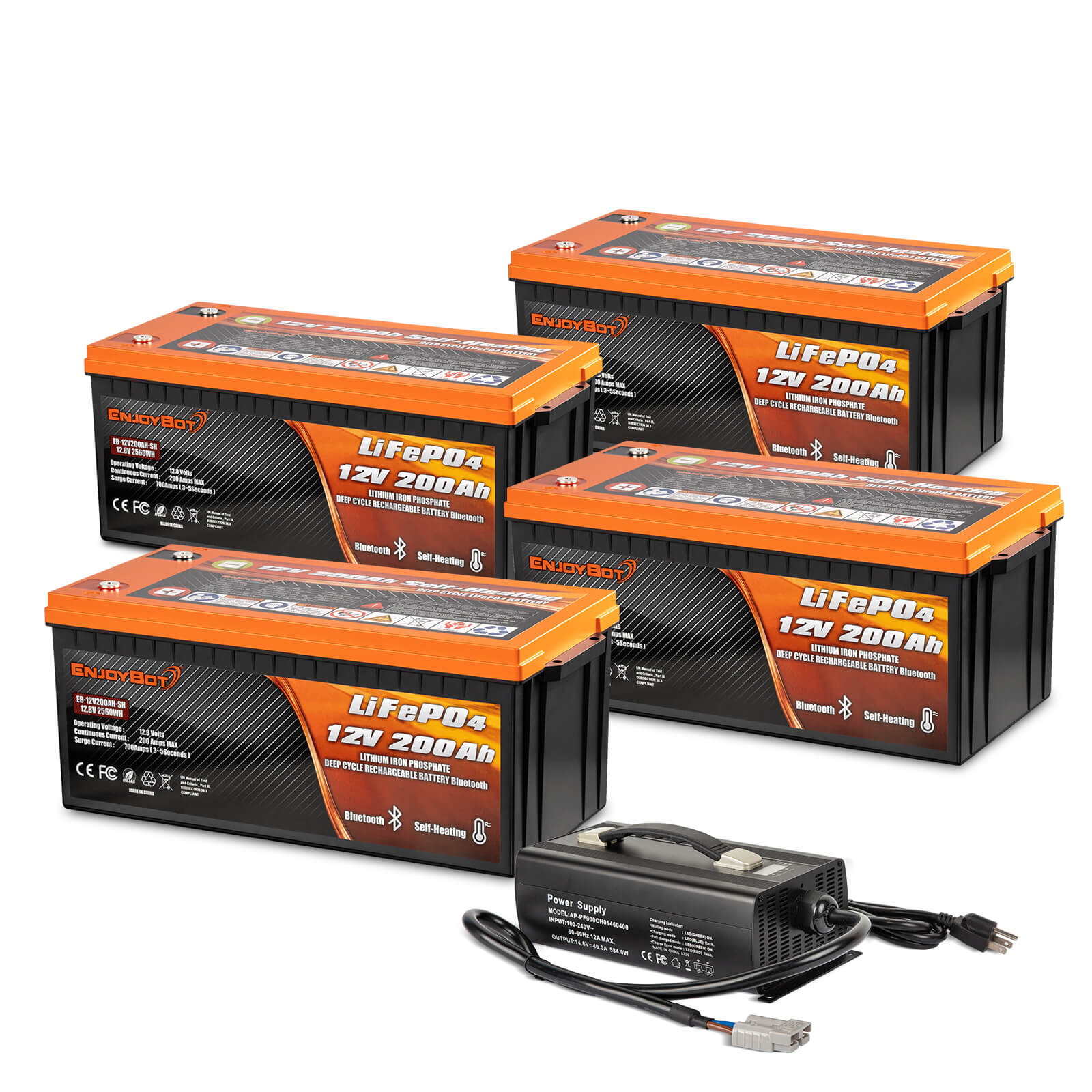 Enjoybot 12V 200Ah Self-Heating & Bluetooth LiFePO4 Lithium Battery 4 Pack+14.6V 40A Charger