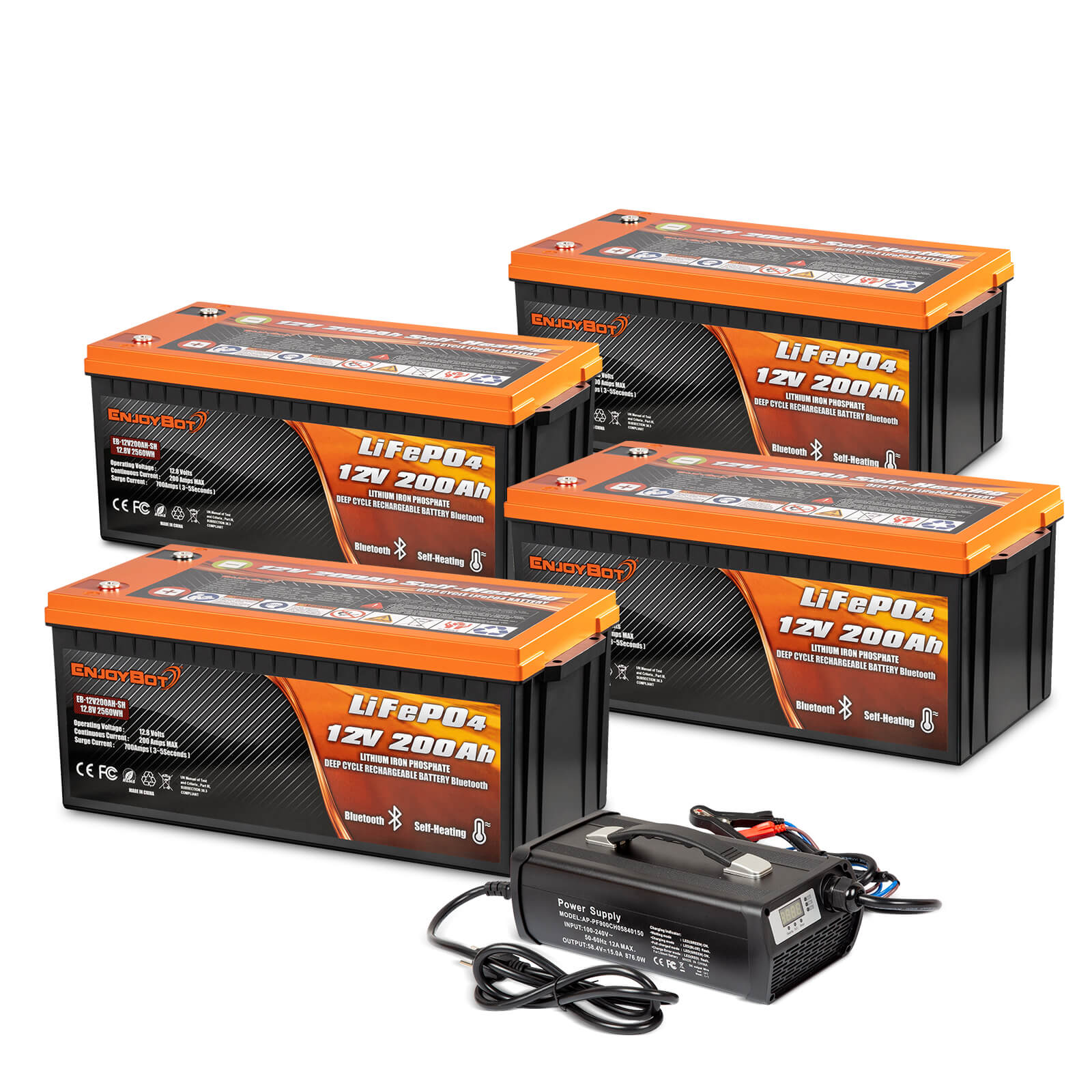 Enjoybot 12V 200Ah Self-Heating & Bluetooth LiFePO4 Lithium Battery 4 Pack+58.4V 15A Charger