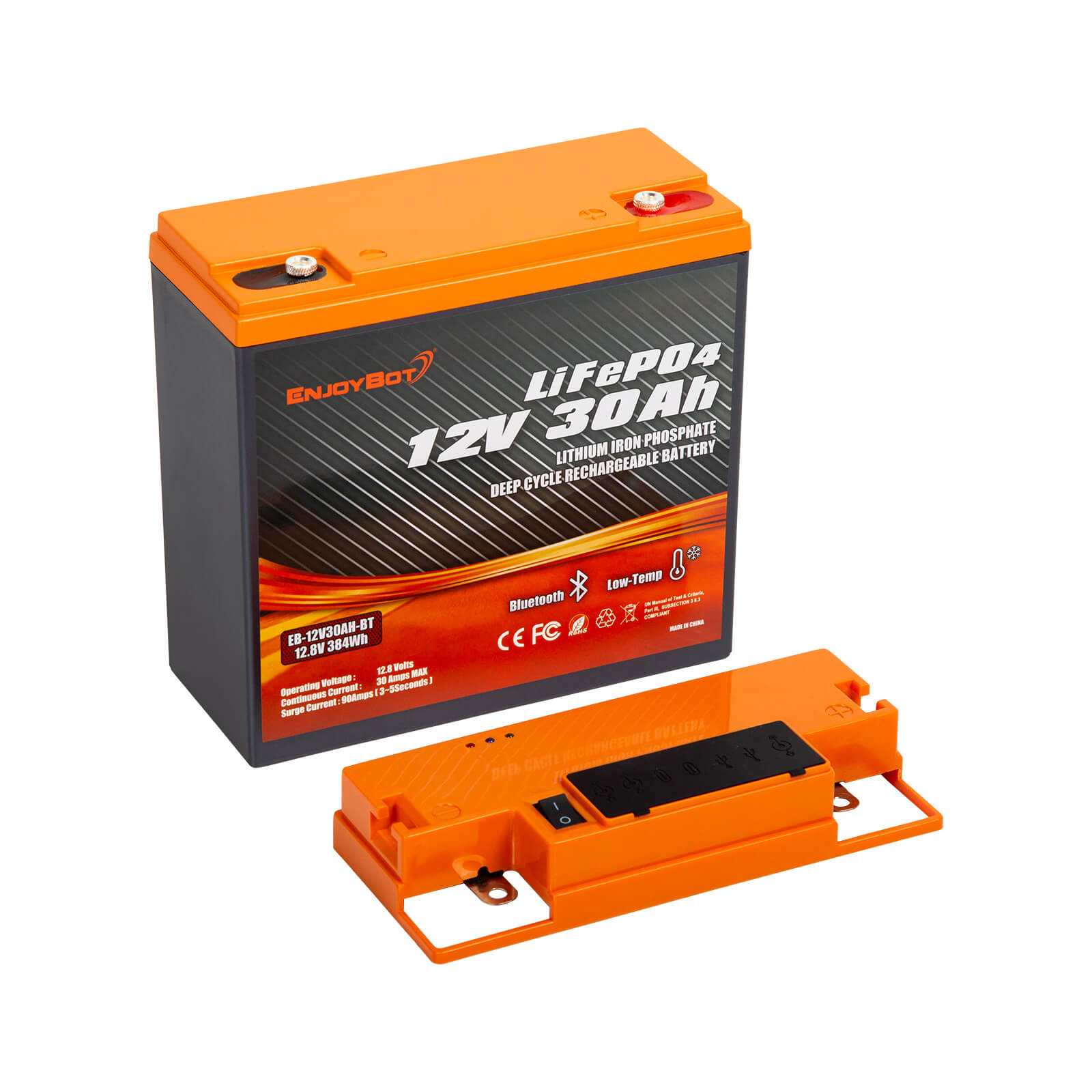 Enjoybot 12V 30Ah Portable LiFePO₄ Battery with Bluetooth & Direct-Charge Module