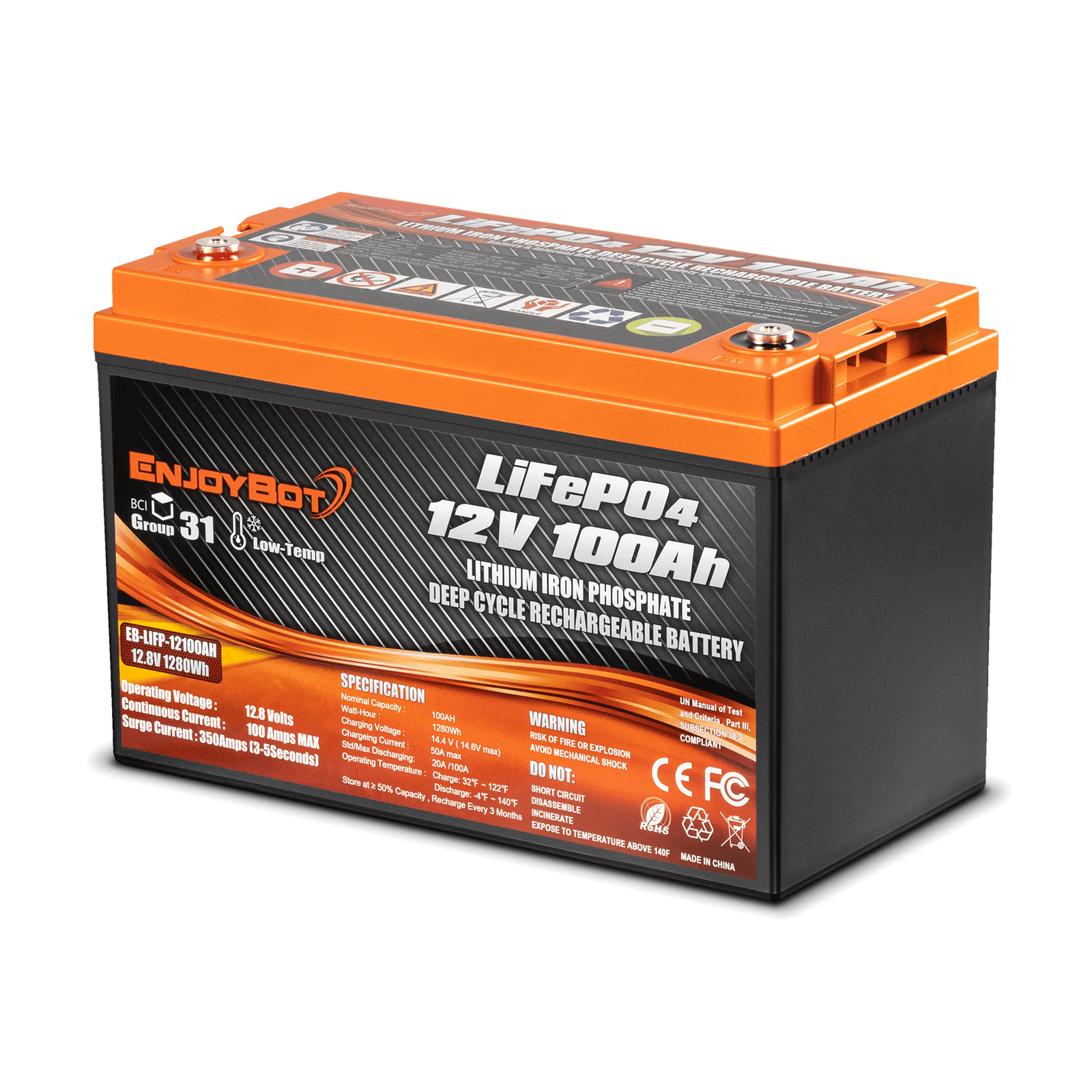 Enjoybot 12V 100Ah LiFePO4 Lithium Battery with Low-Temp Protection, 1280Wh, 100A BMS, Max 6S4P
