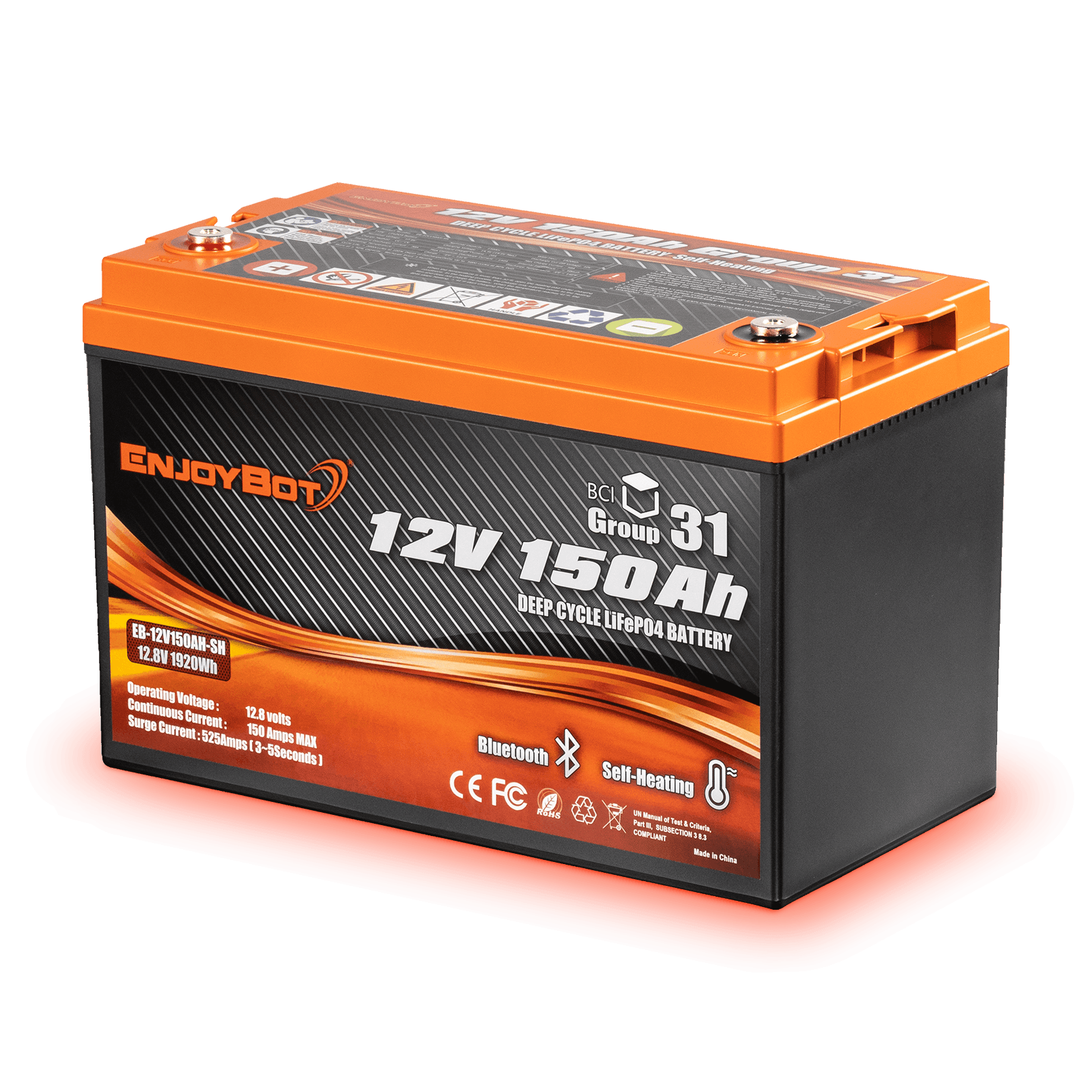 Enjoybot 12V 150Ah Group 31 LiFePO4 Lithium Battery with Bluetooth & Self-Heating, 1920Wh, 150A BMS