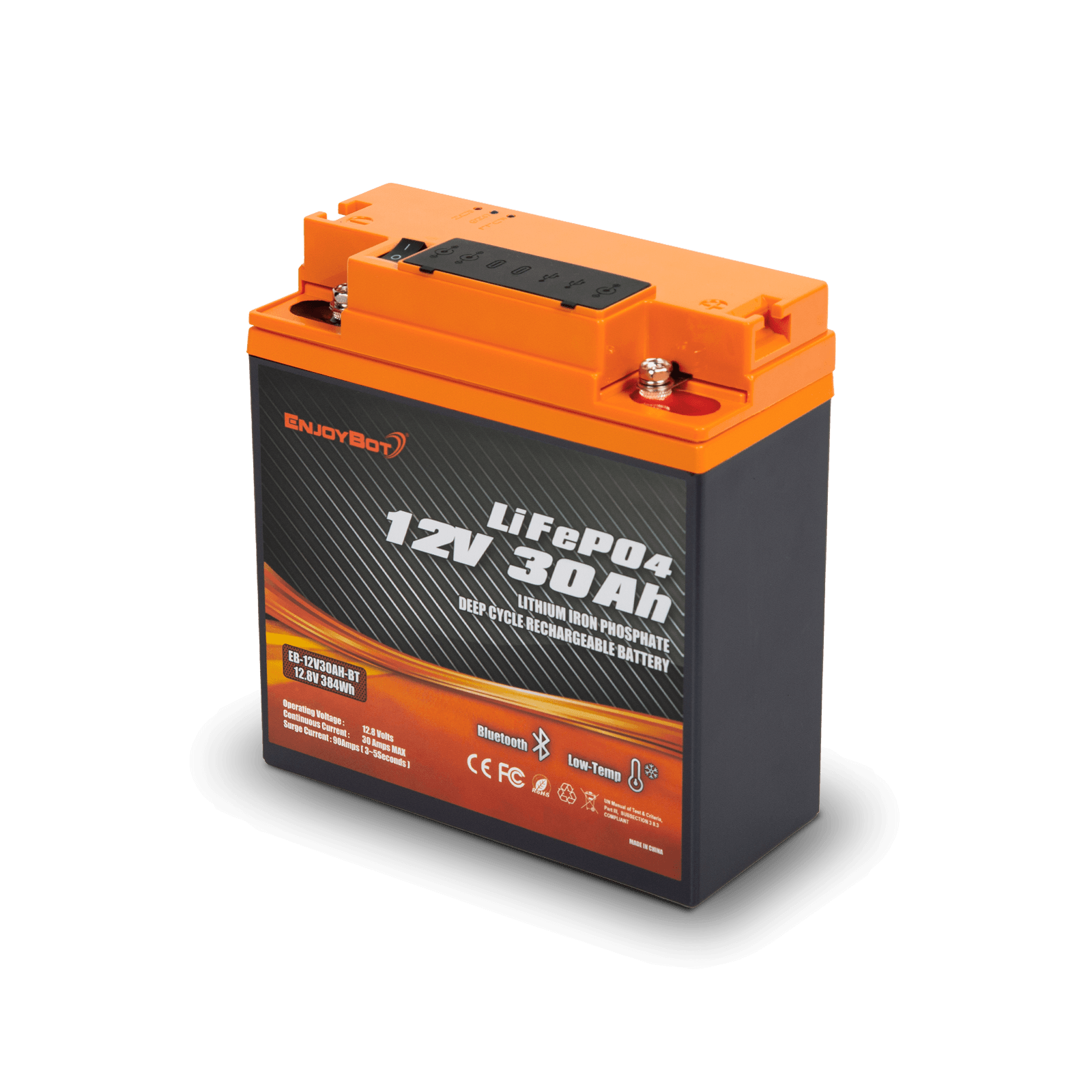 Enjoybot 12V 30Ah Portable LiFePO₄ Battery with Bluetooth & Direct-Charge Module