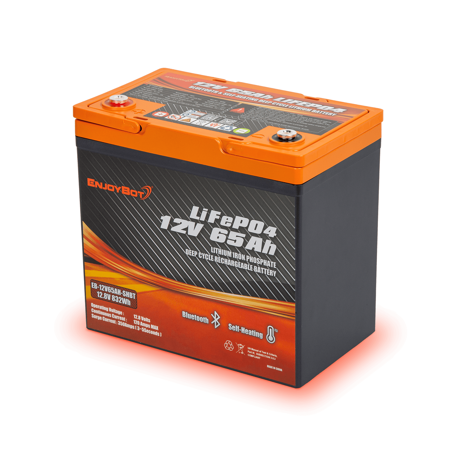 Enjoybot 12V 65Ah LiFePO₄ Lithium Battery with Bluetooth & Self-Heating, Group 22NF, 832Wh, 120A BMS